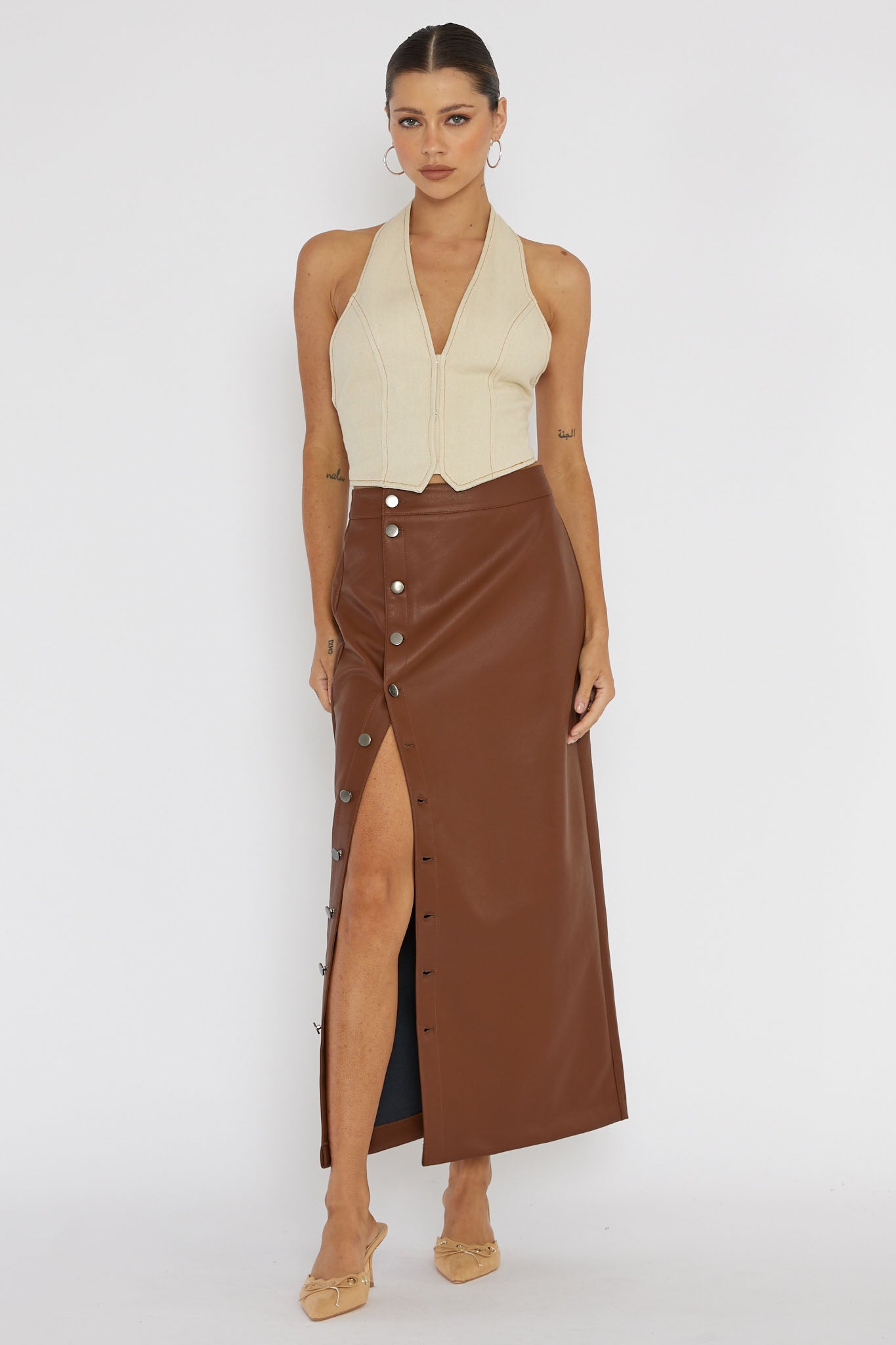 Angelica Button-Up Faux Leather Midi Skirt Brown-Fable Dress