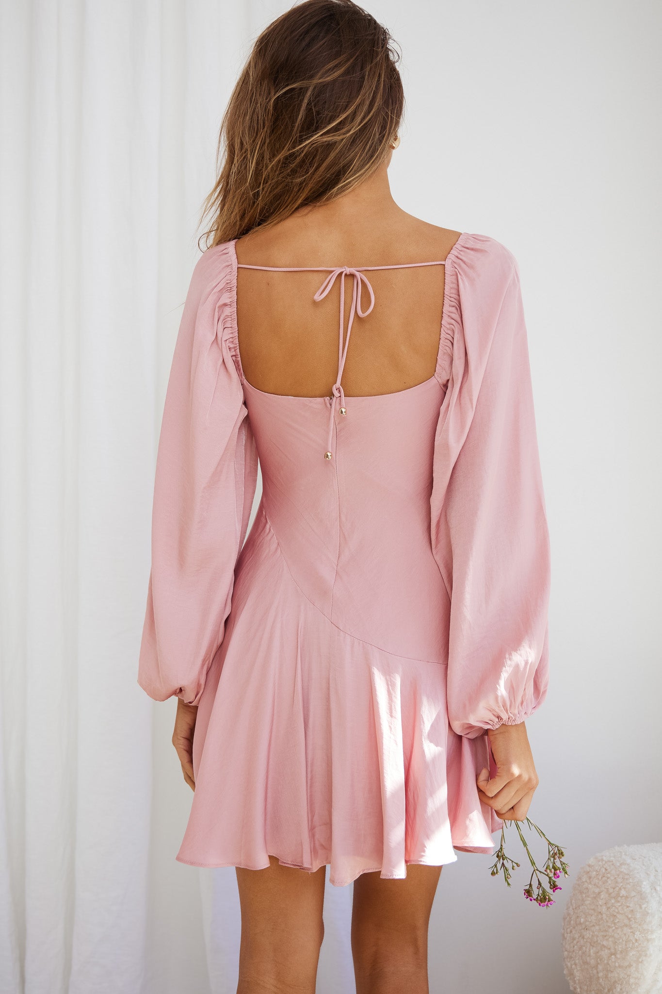 Beaujolais Long Sleeve Cowl Neckline Ruffle Satin Mini Dress Blush-Fable Dress