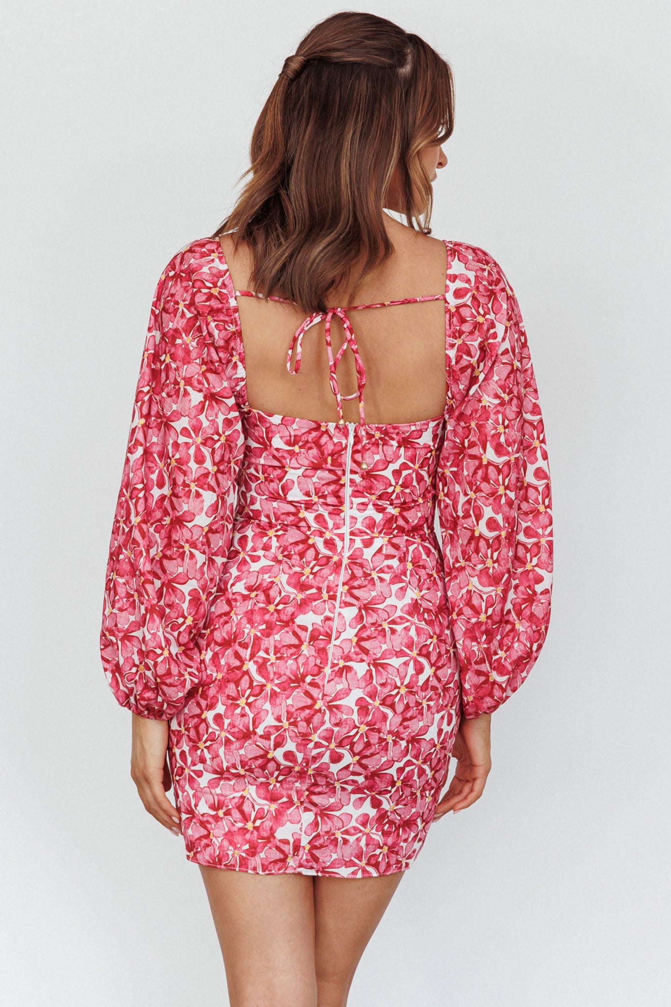 Beaujolais Long Sleeve Ruched Mini Dress Floral Pink-Fable Dress