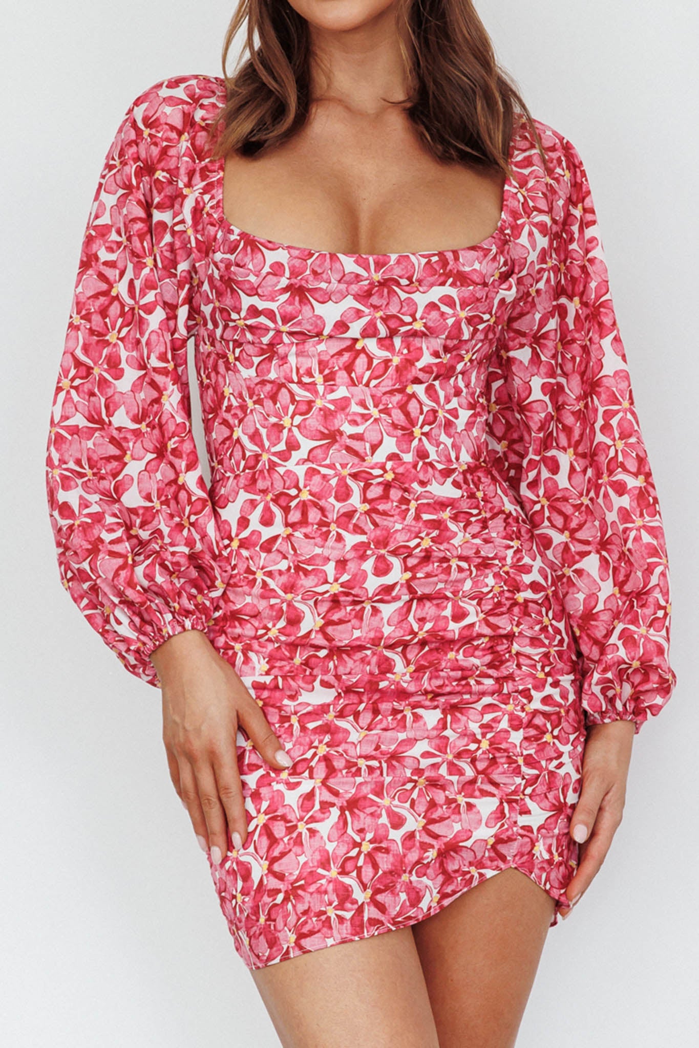 Beaujolais Long Sleeve Ruched Mini Dress Floral Pink-Fable Dress