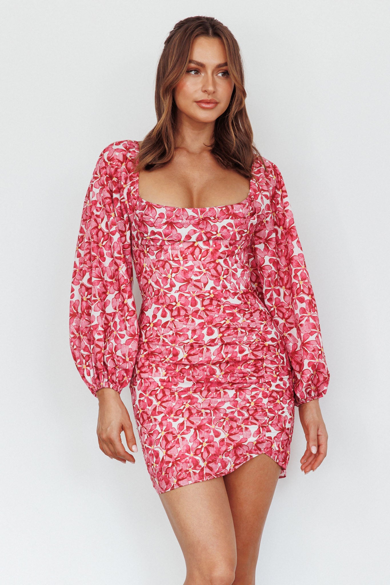 Beaujolais Long Sleeve Ruched Mini Dress Floral Pink-Fable Dress