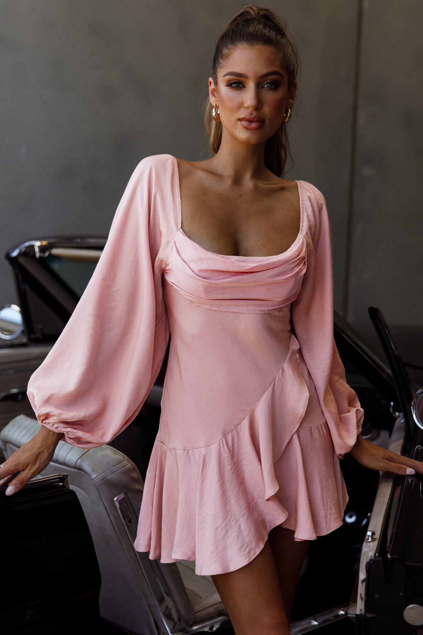 Beaujolais Long Sleeve Cowl Neckline Ruffle Satin Mini Dress Blush-Fable Dress