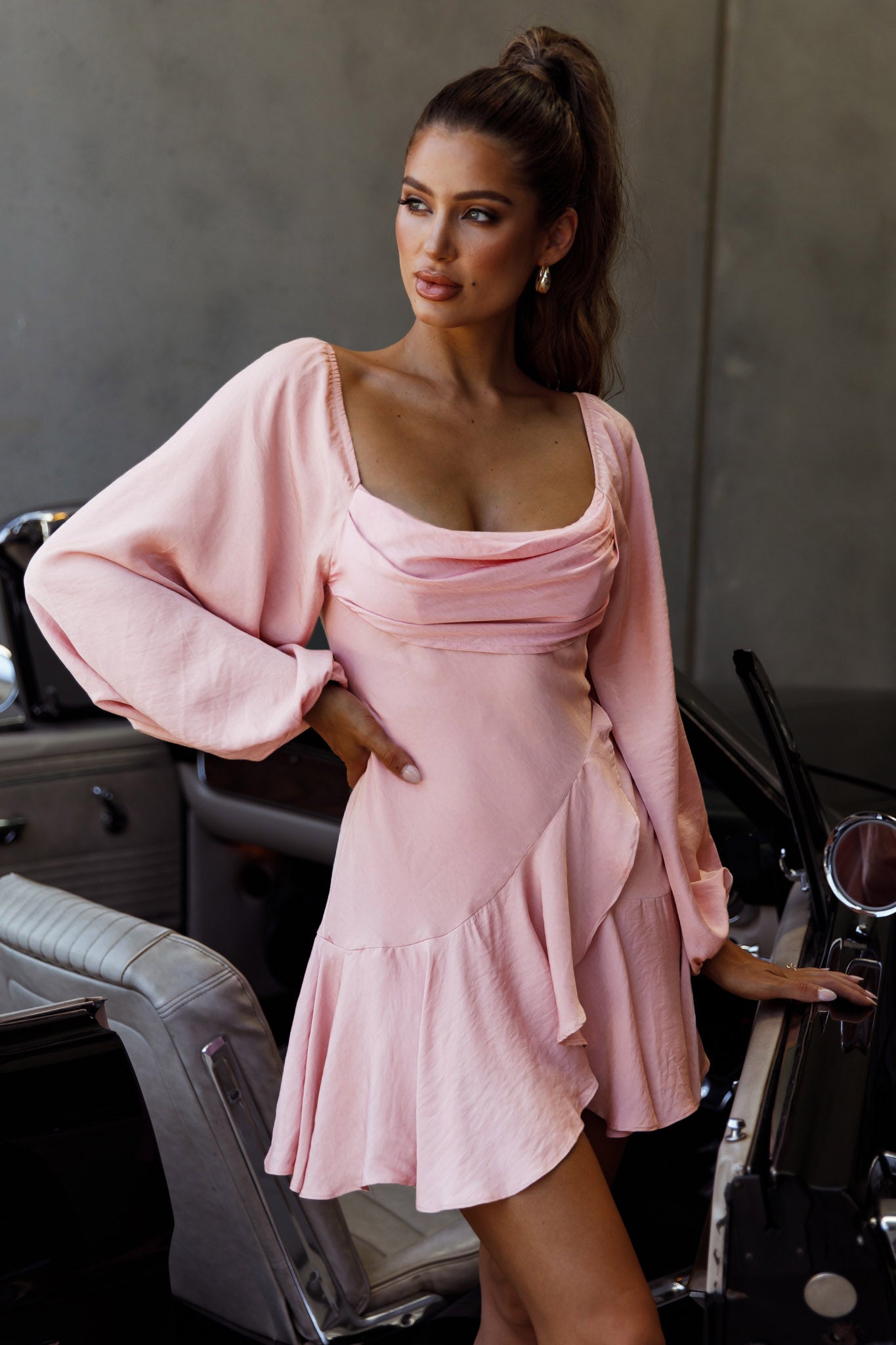 Beaujolais Long Sleeve Cowl Neckline Ruffle Satin Mini Dress Blush-Fable Dress