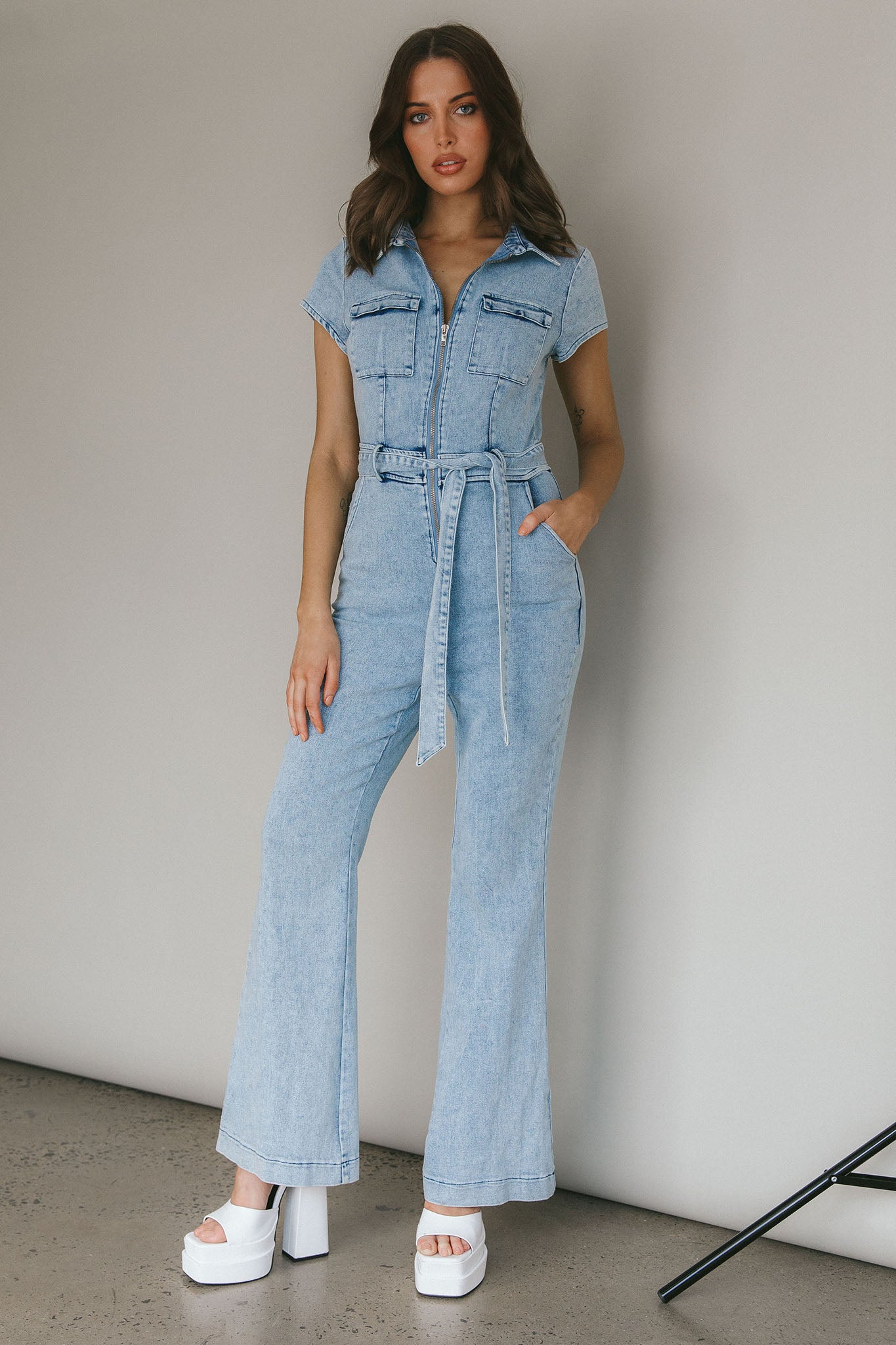 California Girl Short Sleeve Waist Tie Jumpsuit Denim Blue-Fable Dress