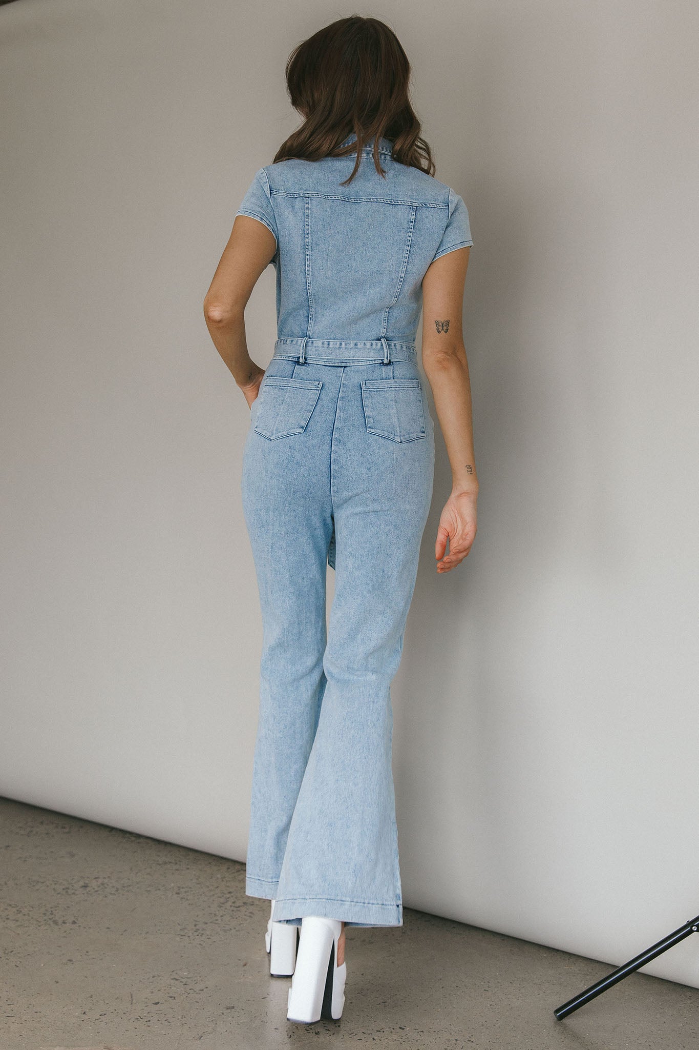 California Girl Short Sleeve Waist Tie Jumpsuit Denim Blue-Fable Dress