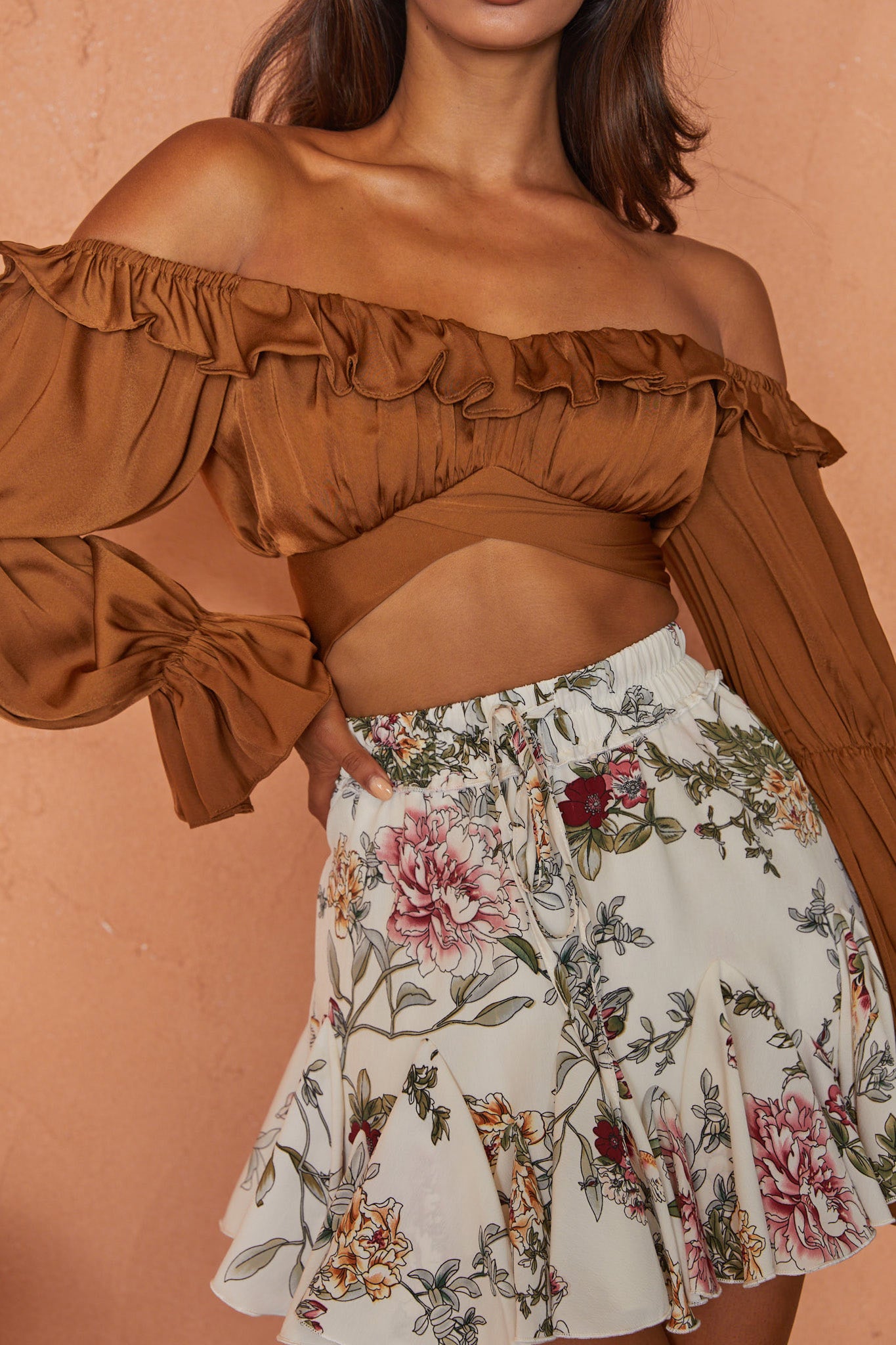 Arya Long Sleeve Tie-Back Crop Top Chocolate-Fable Dress