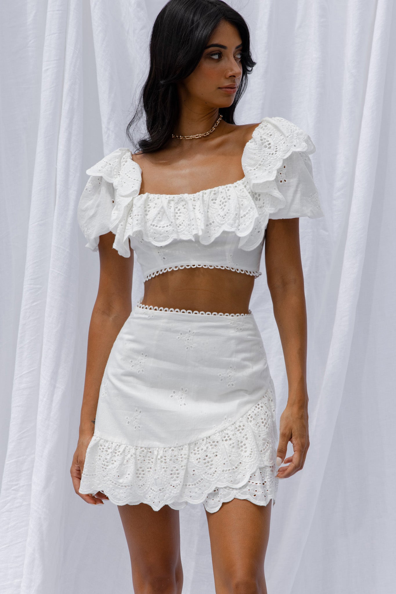 New Moon Scalloped Ruffle Trim Eyelet Skirt White-Fable Dress