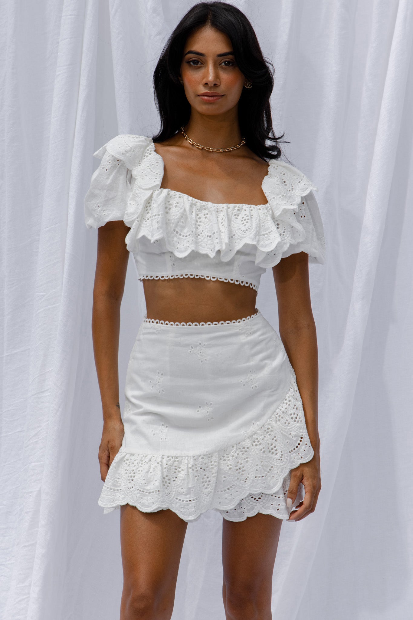 New Moon Scalloped Ruffle Trim Eyelet Skirt White-Fable Dress