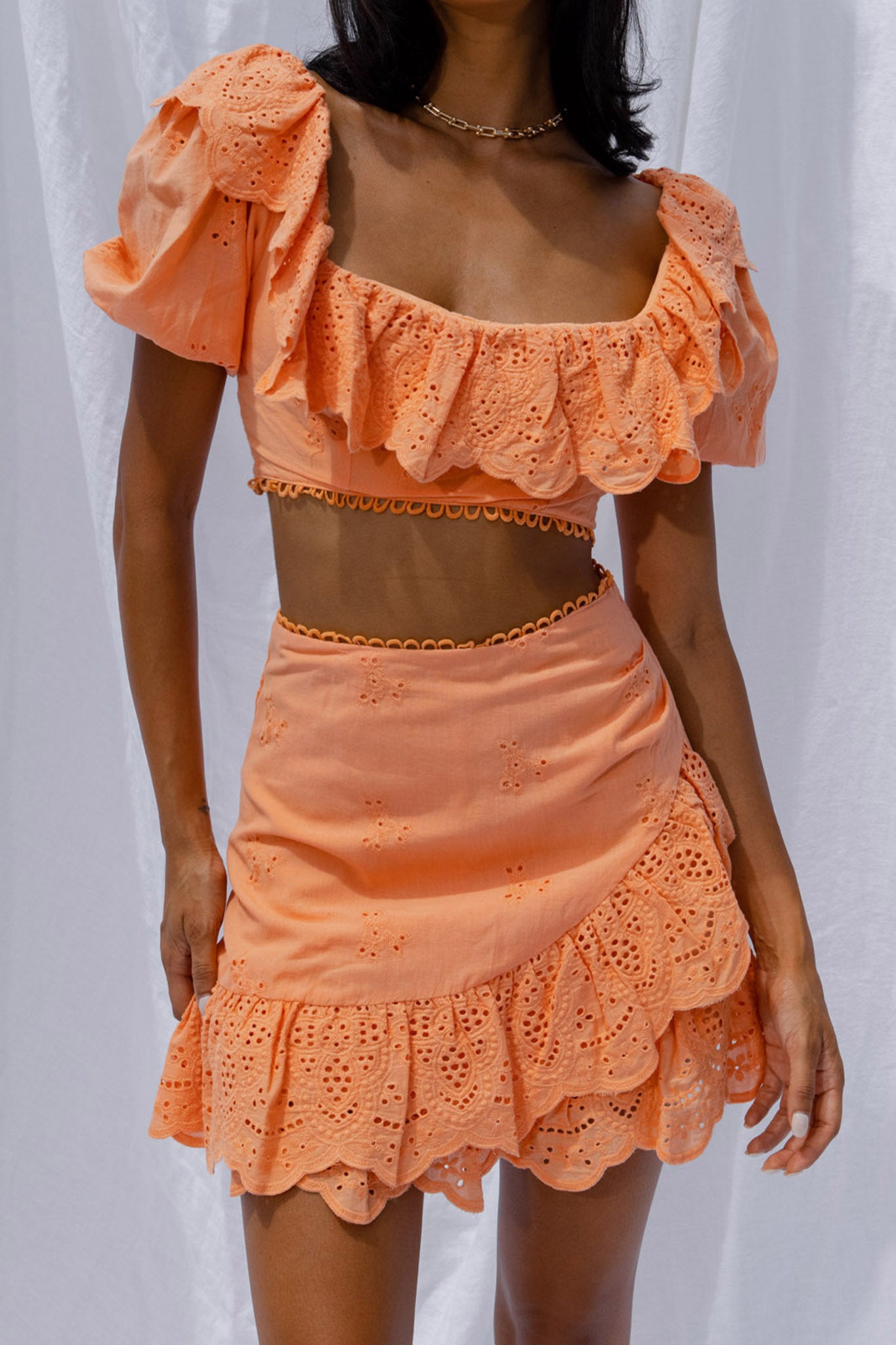 New Moon Scalloped Ruffle Trim Eyelet Skirt Orange-Fable Dress