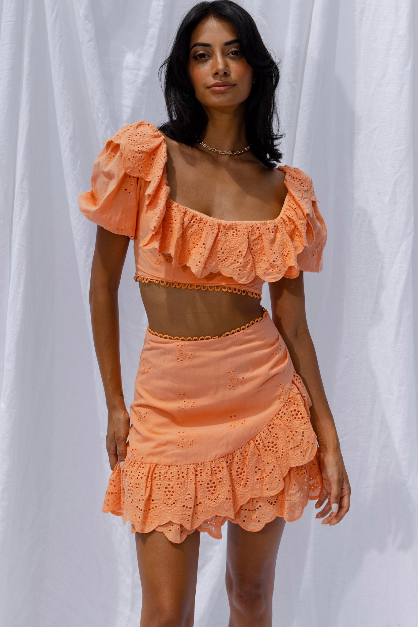 New Moon Scalloped Ruffle Trim Eyelet Skirt Orange-Fable Dress