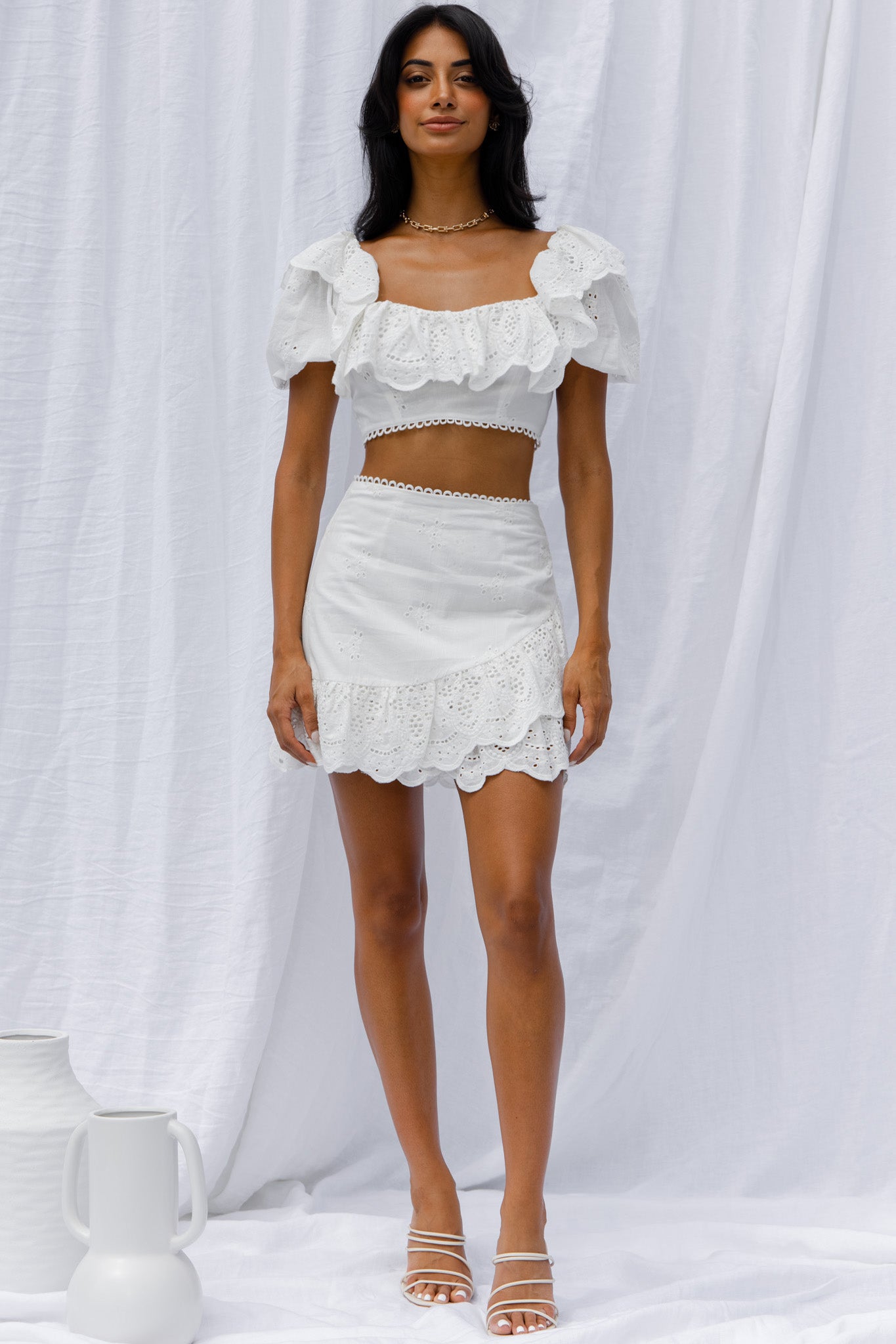 New Moon Scalloped Ruffle Trim Eyelet Skirt White-Fable Dress
