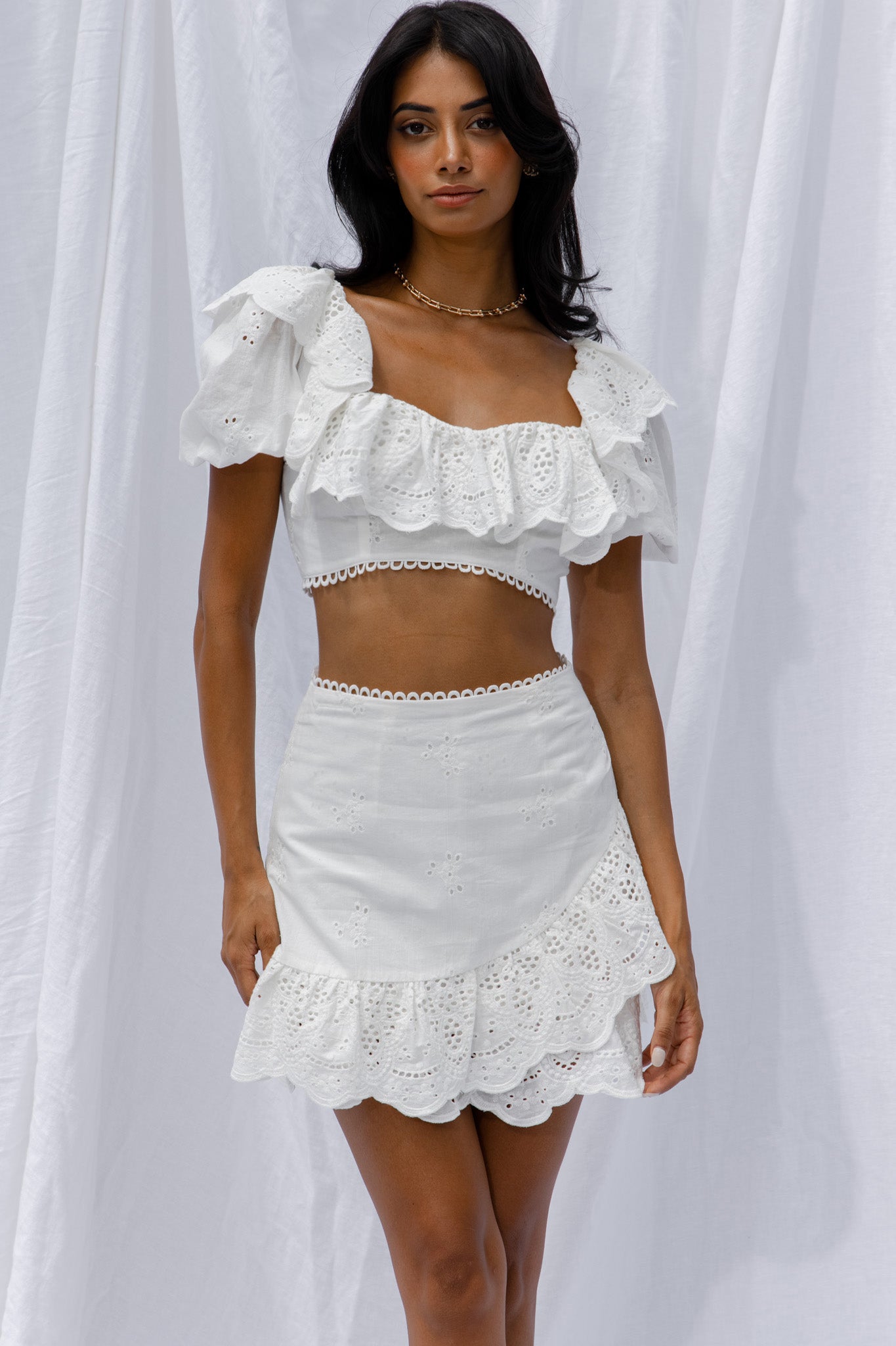 New Moon Scalloped Ruffle Trim Eyelet Skirt White-Fable Dress