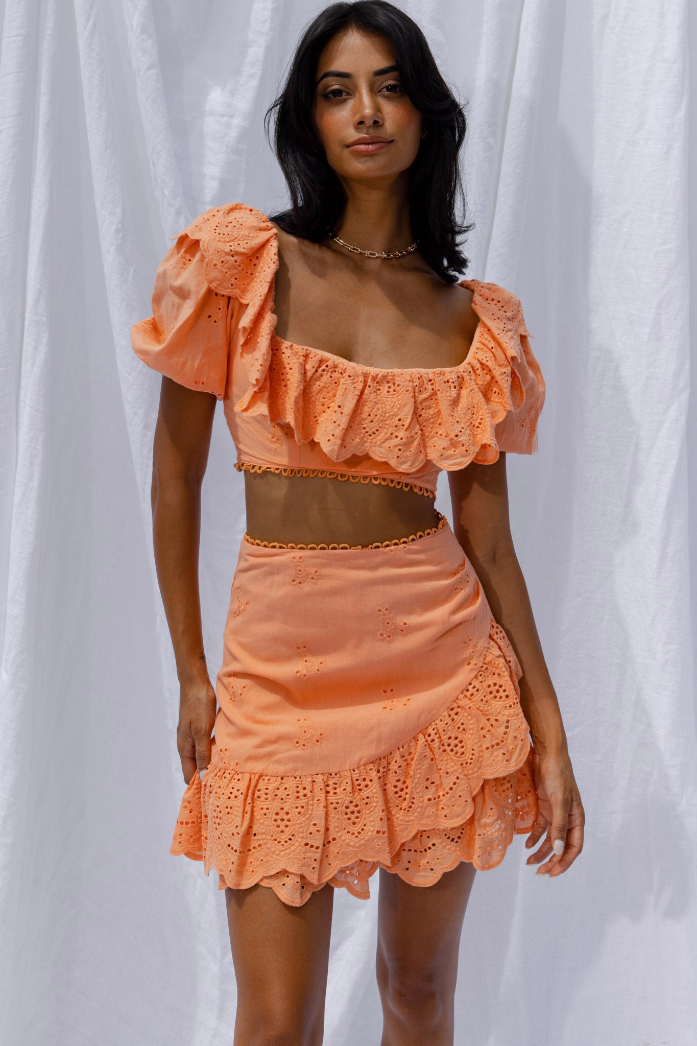 New Moon Ruffle Trim Puff Sleeve Eyelet Crop Top Orange-Fable Dress