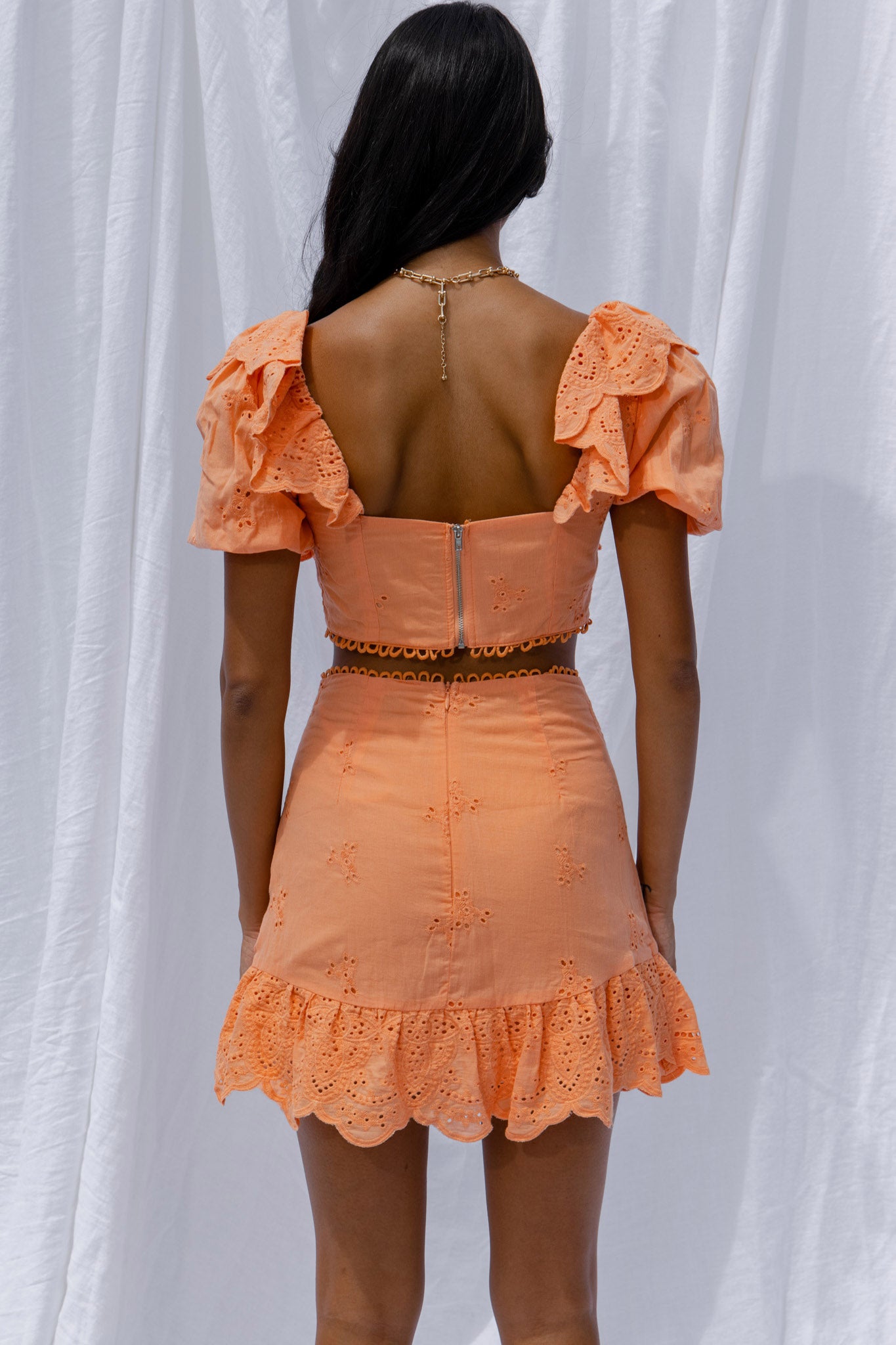 New Moon Scalloped Ruffle Trim Eyelet Skirt Orange-Fable Dress