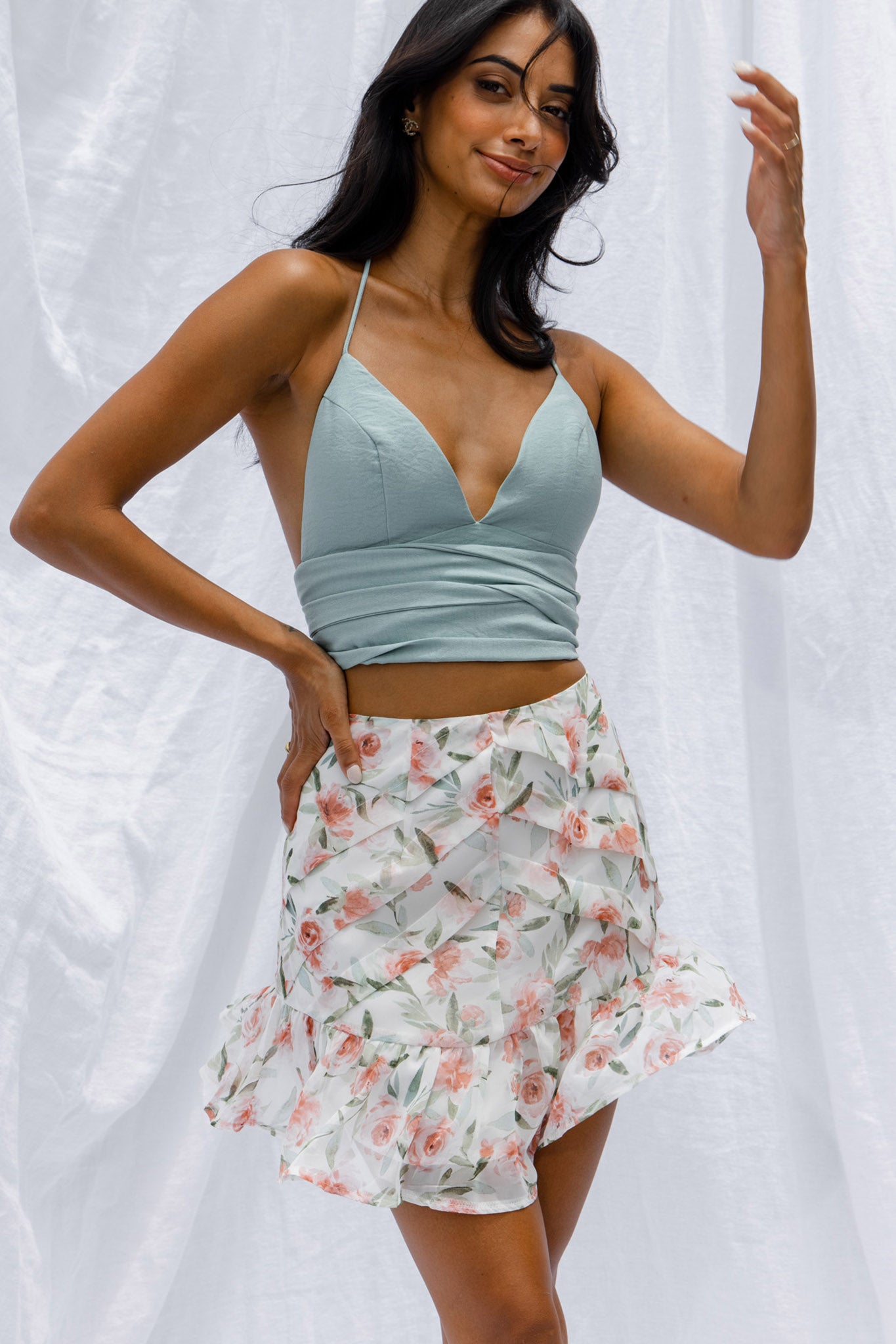 Versa Pintuck Pleat Ruffle Hem Skirt Floral Print White-Fable Dress