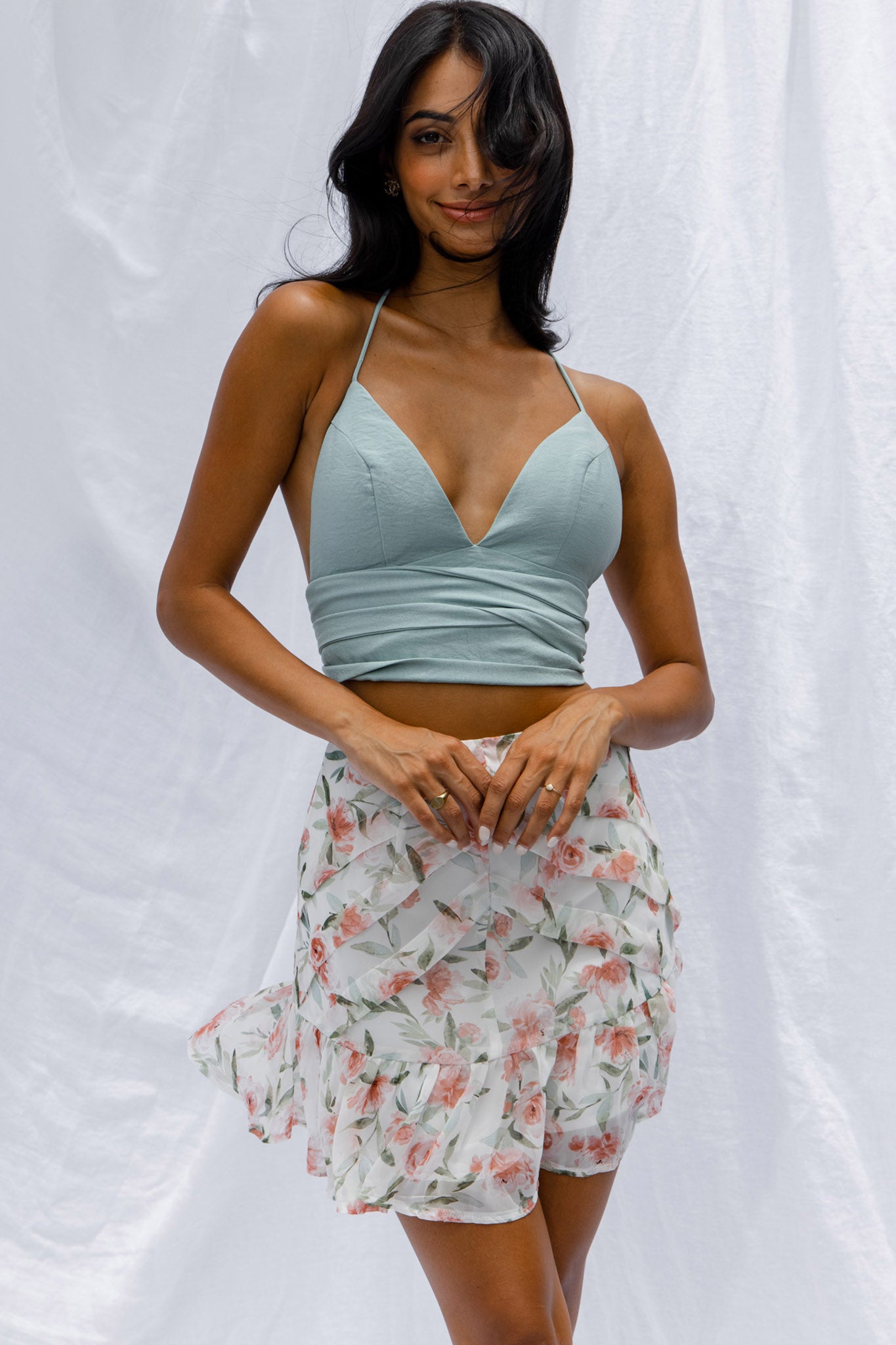 Versa Pintuck Pleat Ruffle Hem Skirt Floral Print White-Fable Dress