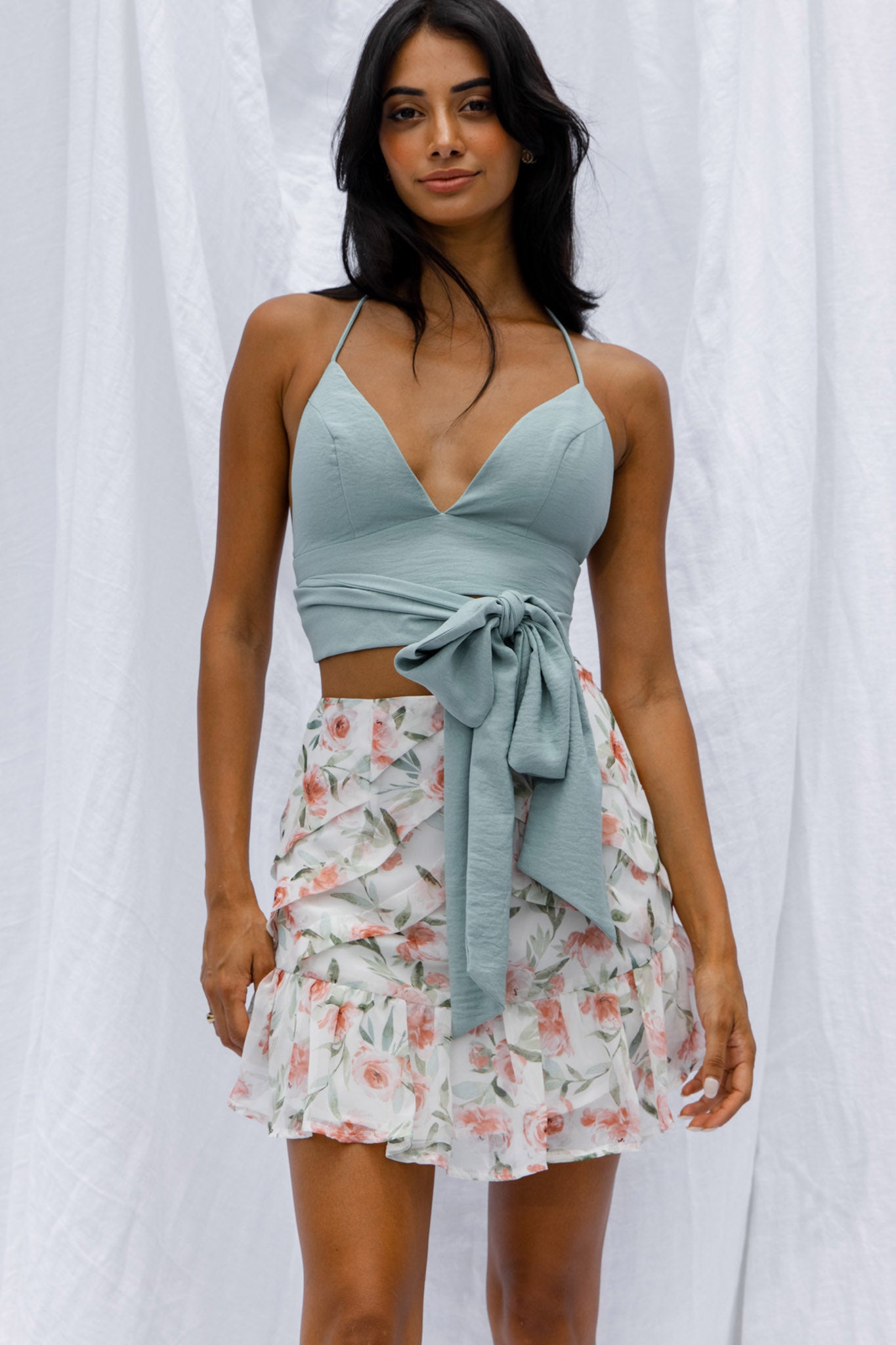 Versa Pintuck Pleat Ruffle Hem Skirt Floral Print White-Fable Dress