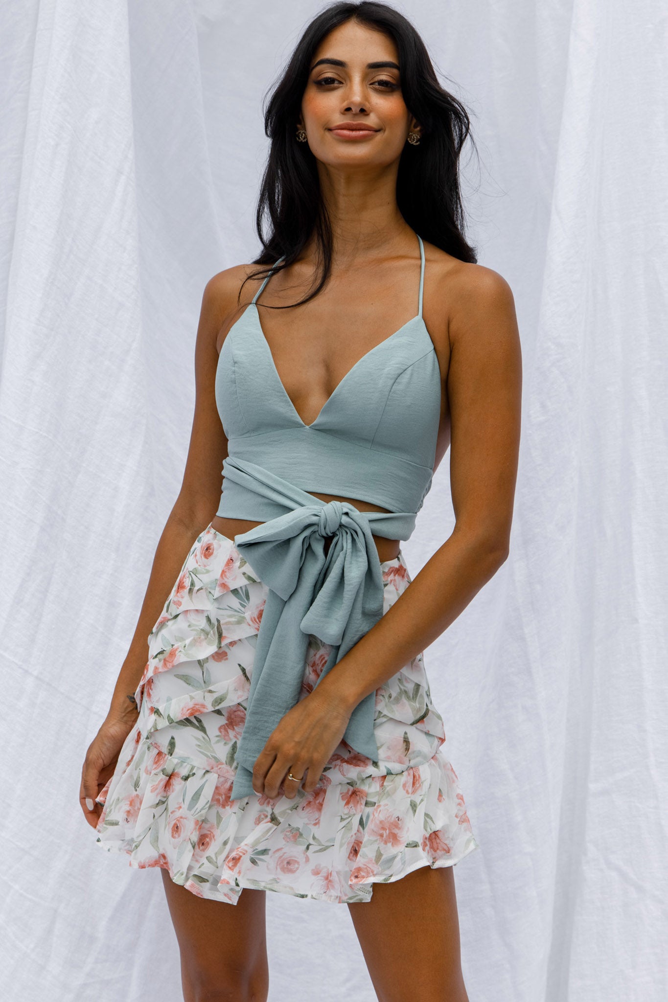 Versa Pintuck Pleat Ruffle Hem Skirt Floral Print White-Fable Dress