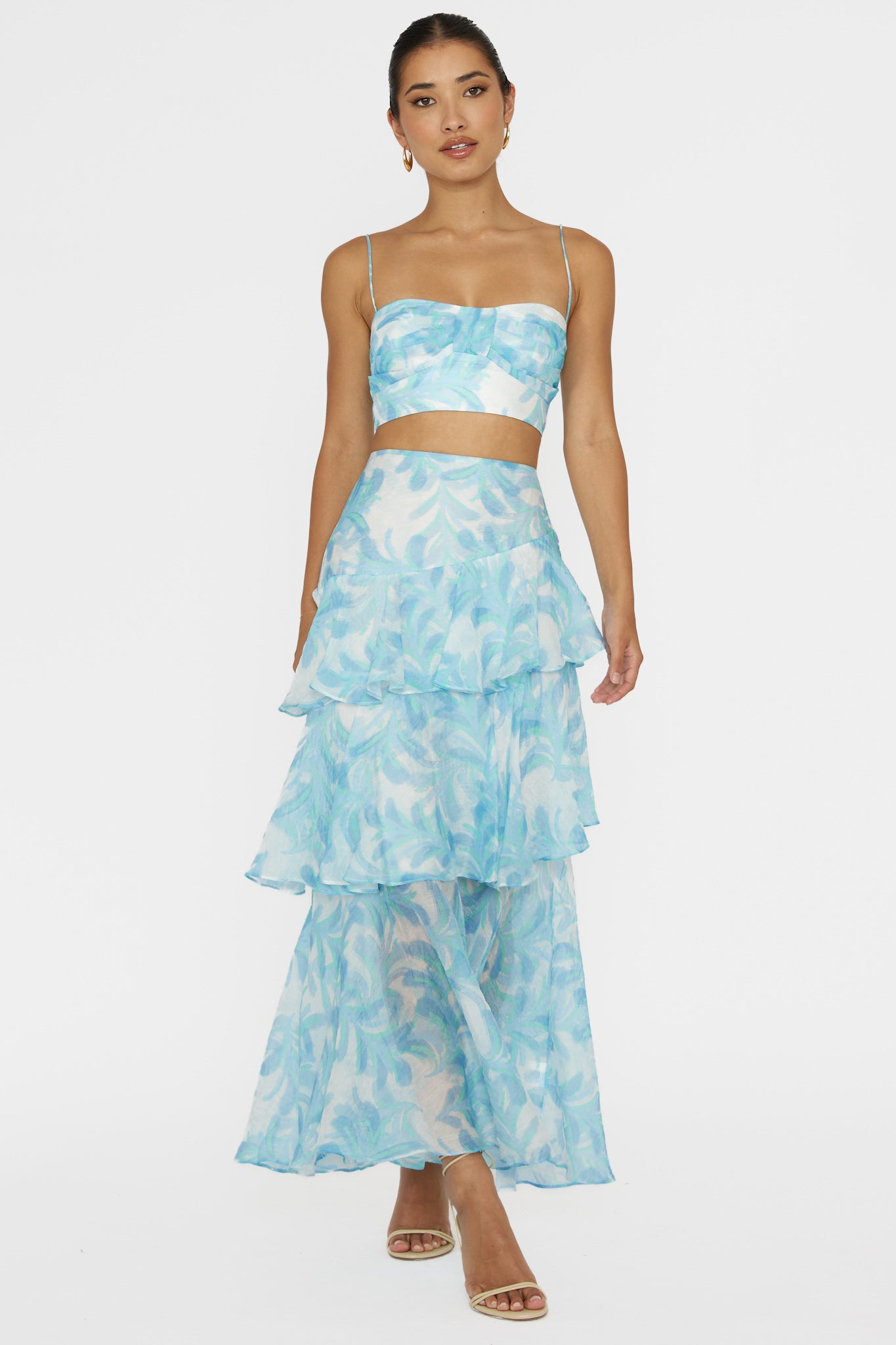 Veda Tiered Ruffle Maxi Skirt Floral Blue-Fable Dress
