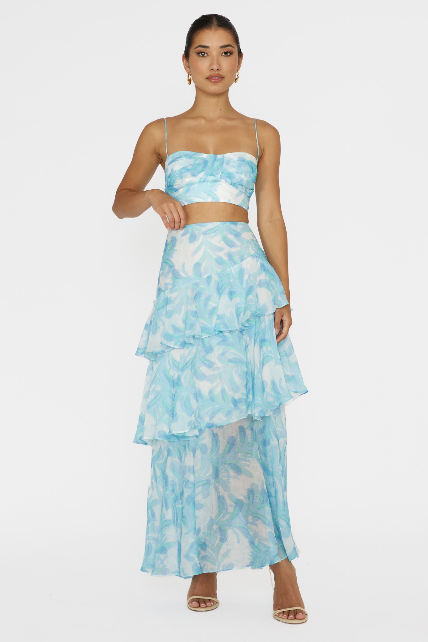Veda Tiered Ruffle Maxi Skirt Floral Blue-Fable Dress