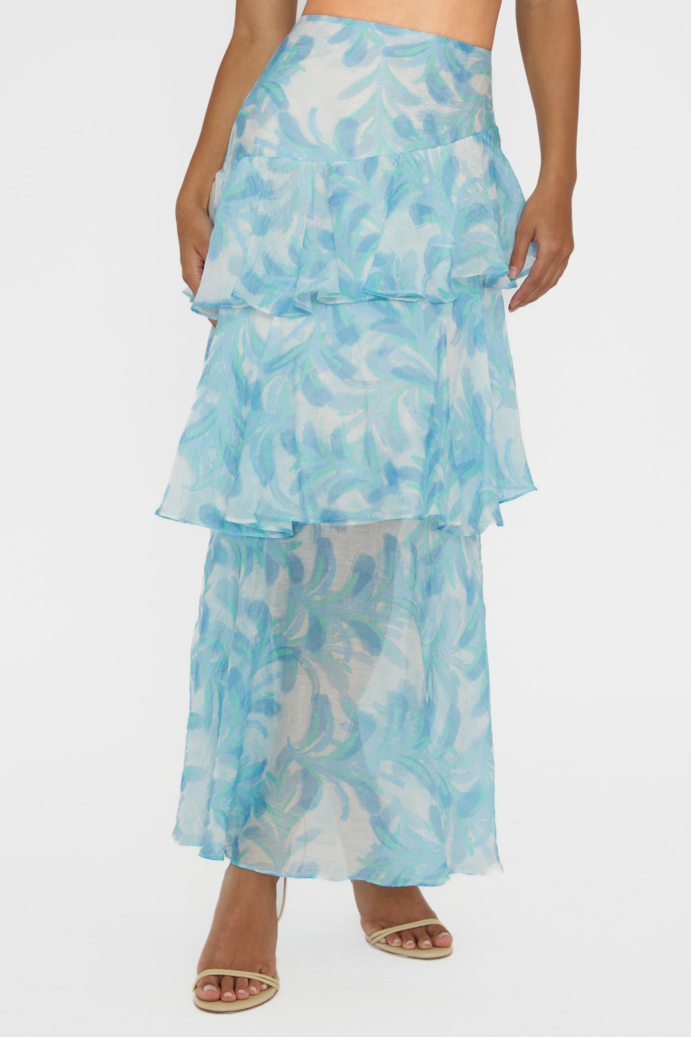 Veda Tiered Ruffle Maxi Skirt Floral Blue-Fable Dress
