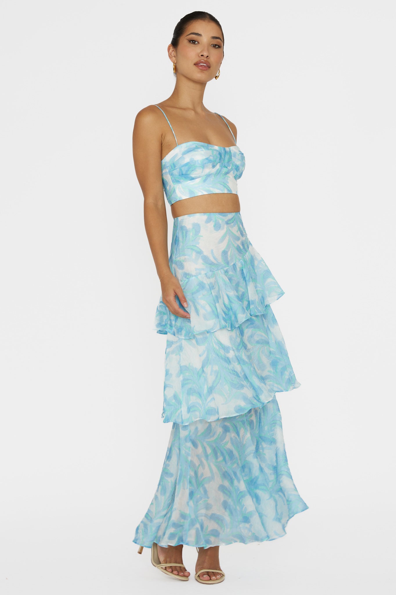 Veda Tiered Ruffle Maxi Skirt Floral Blue-Fable Dress