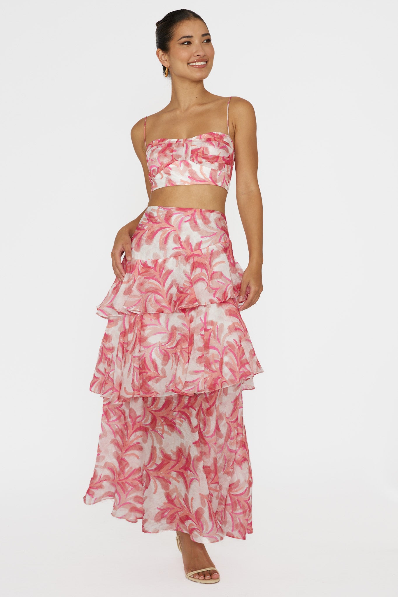 Veda Tiered Ruffle Maxi Skirt Floral Pink-Fable Dress