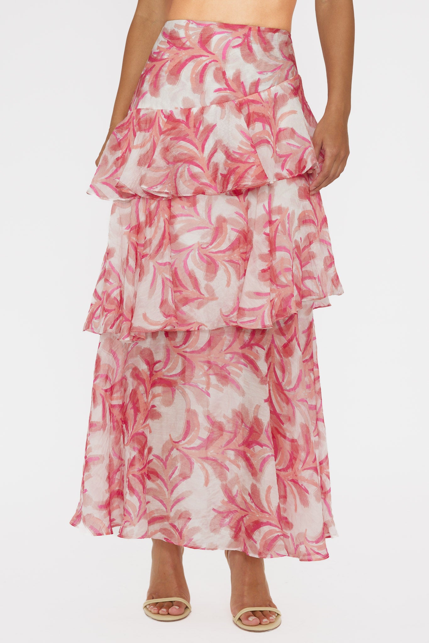 Veda Tiered Ruffle Maxi Skirt Floral Pink-Fable Dress