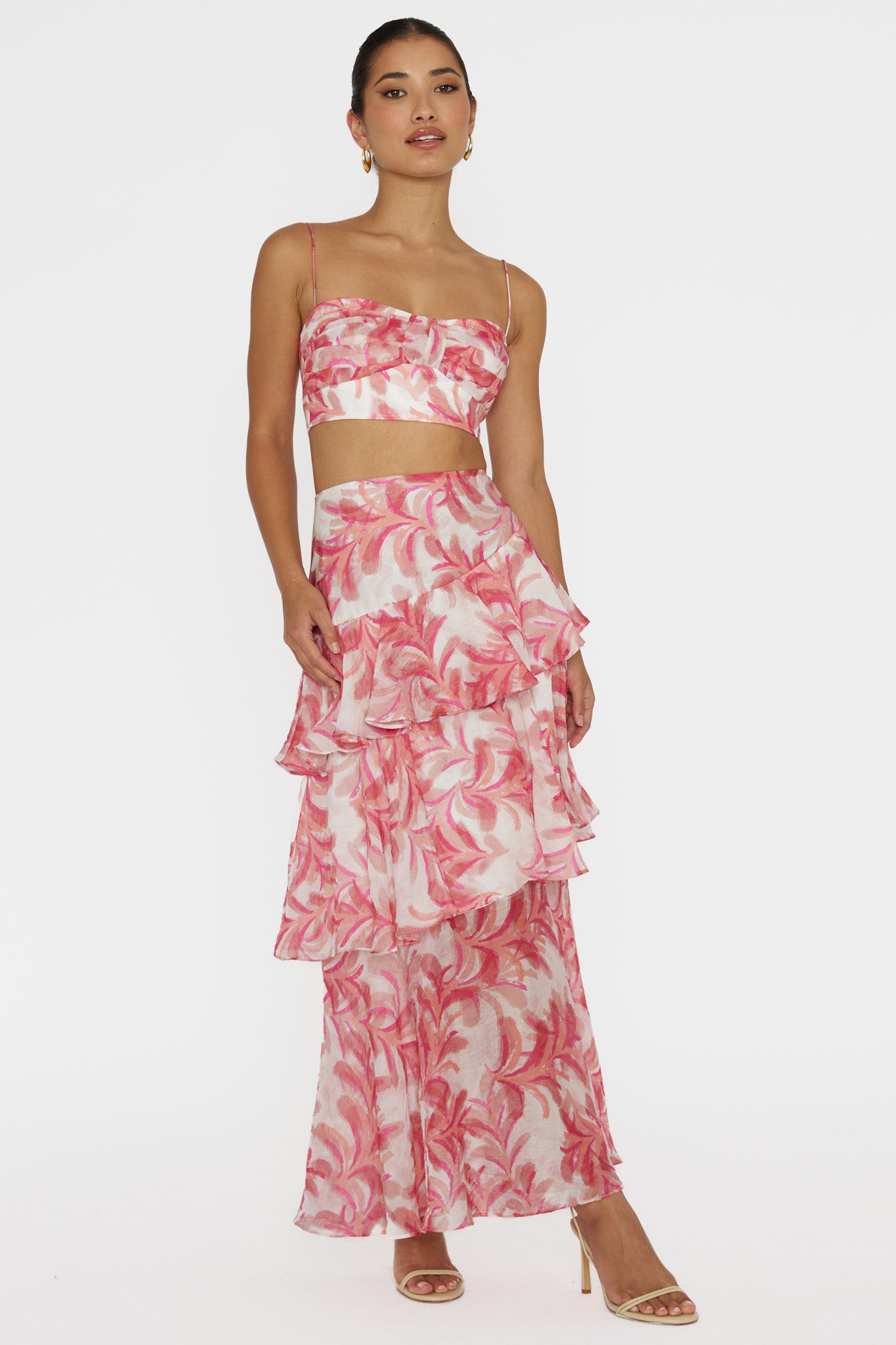 Veda Tiered Ruffle Maxi Skirt Floral Pink-Fable Dress