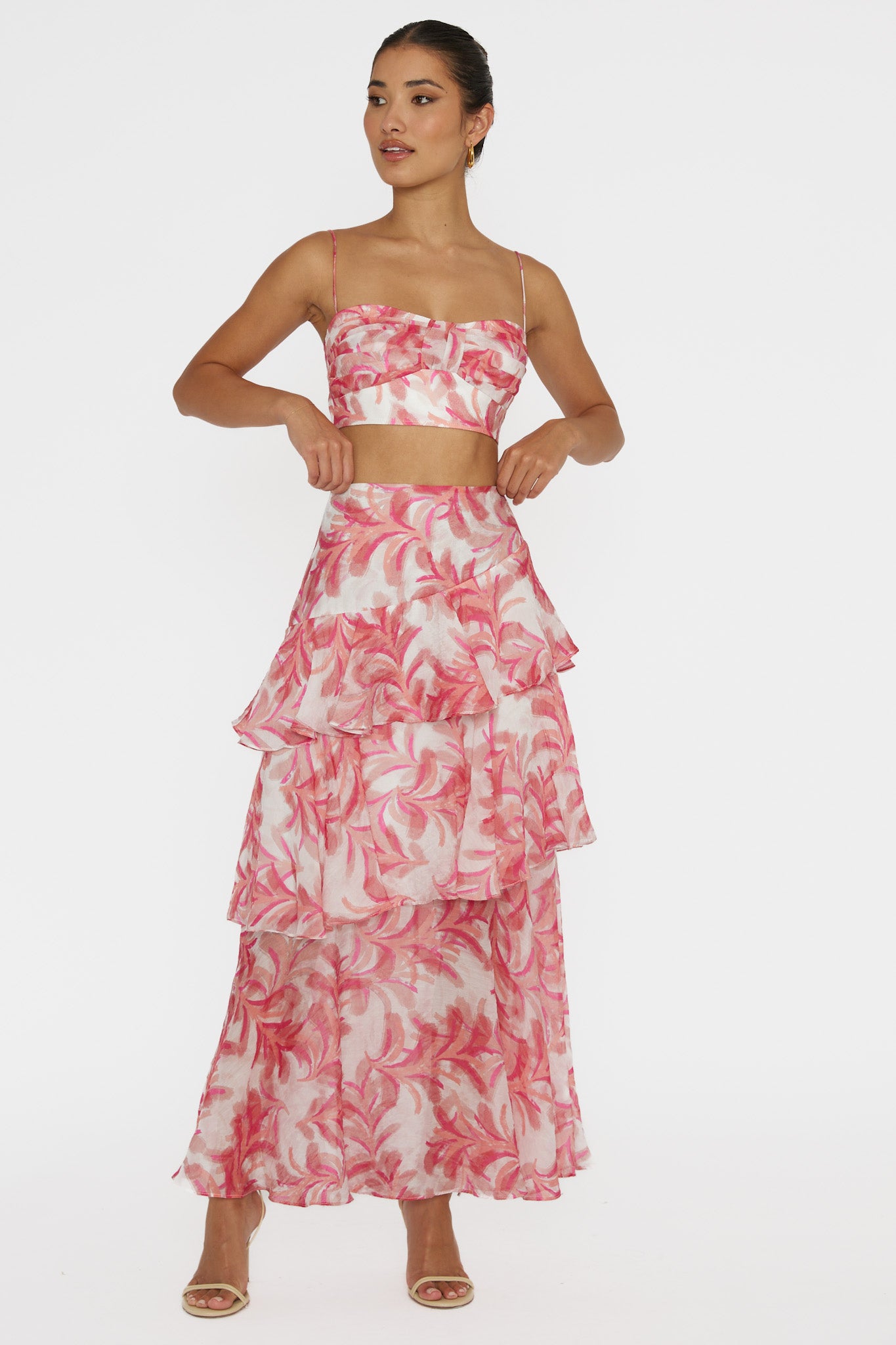 Veda Tiered Ruffle Maxi Skirt Floral Pink-Fable Dress