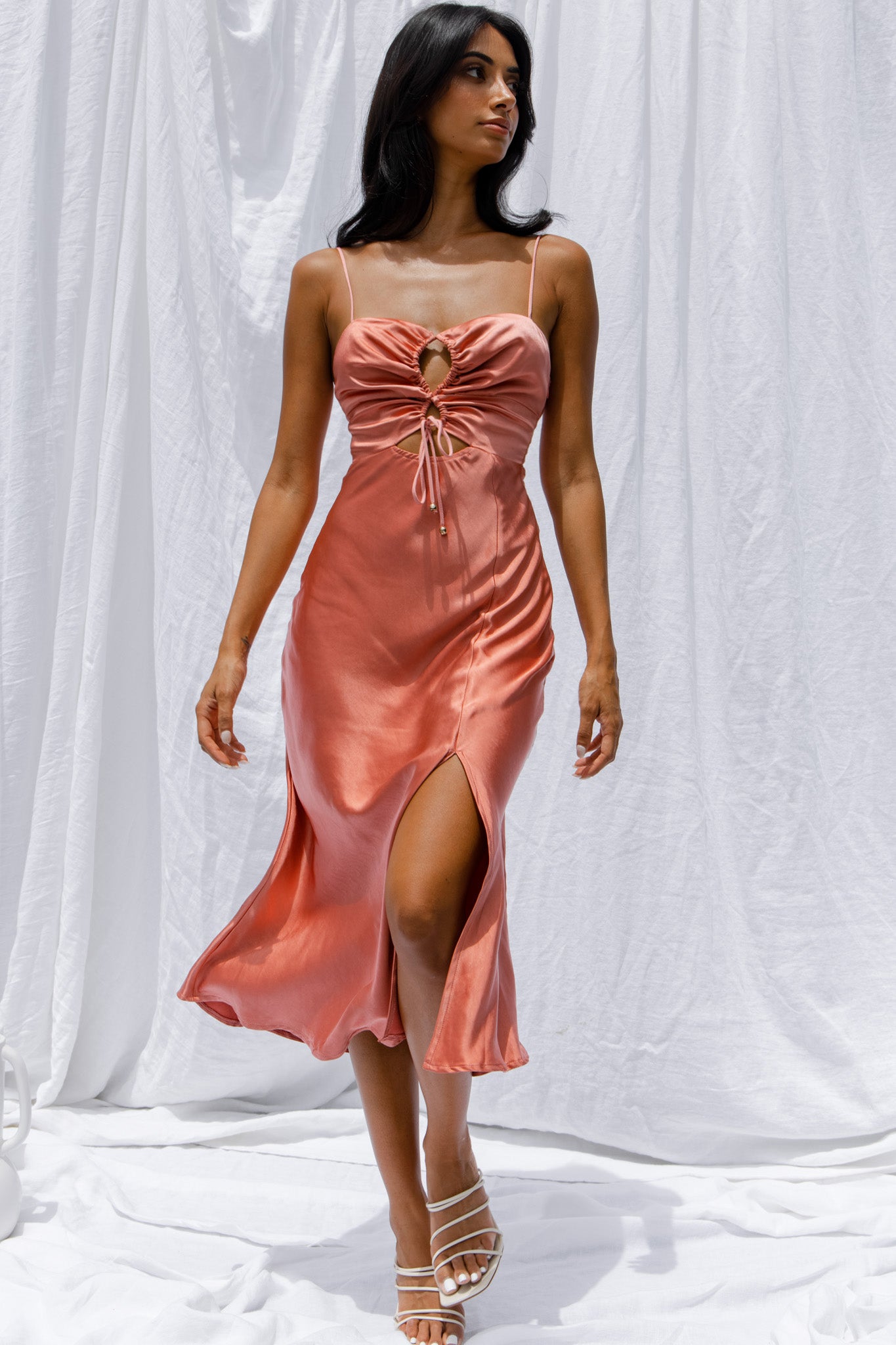 Date Night Drawstring Bust Midi Dress Rose-Fable Dress