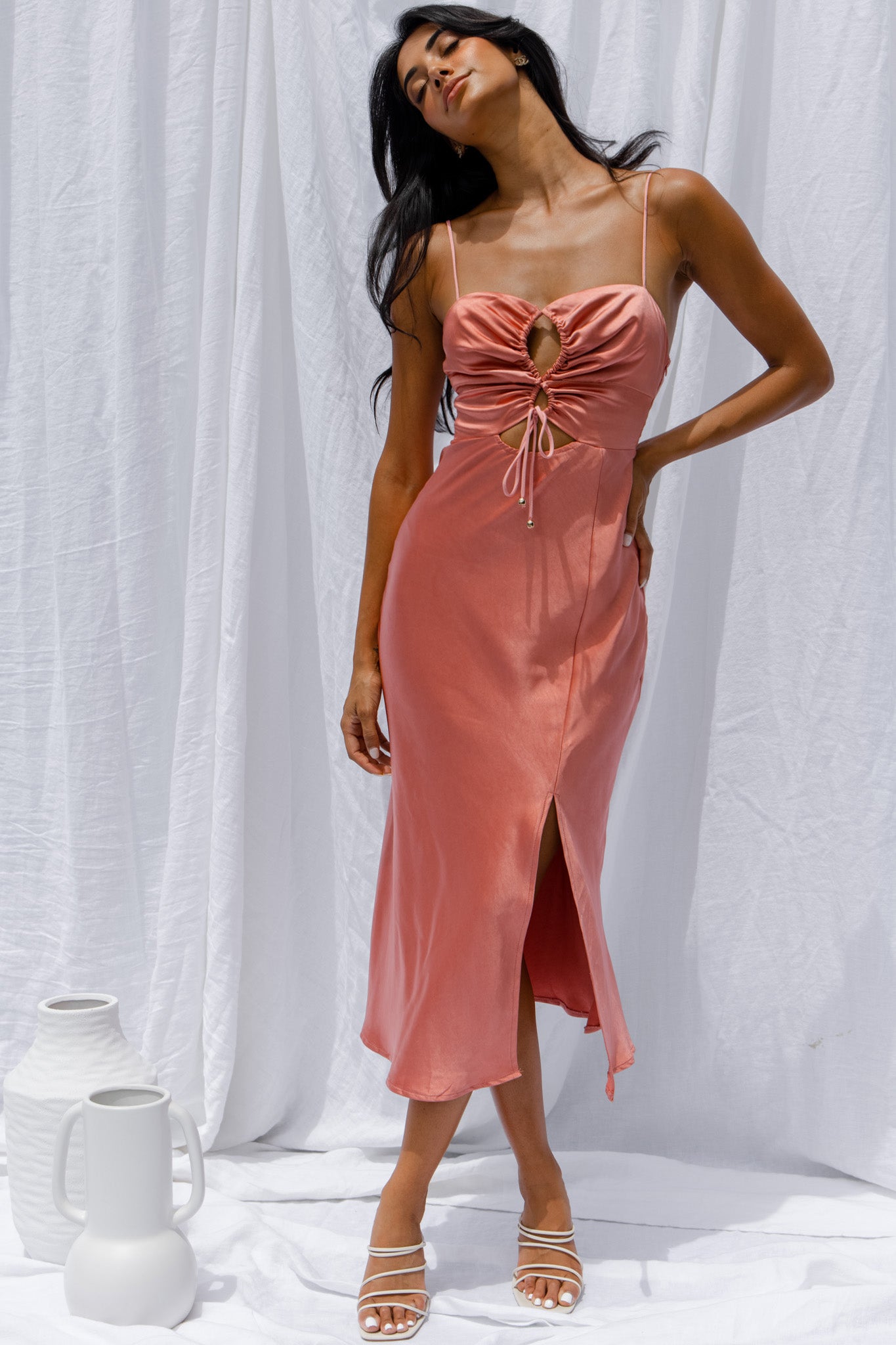 Date Night Drawstring Bust Midi Dress Rose-Fable Dress