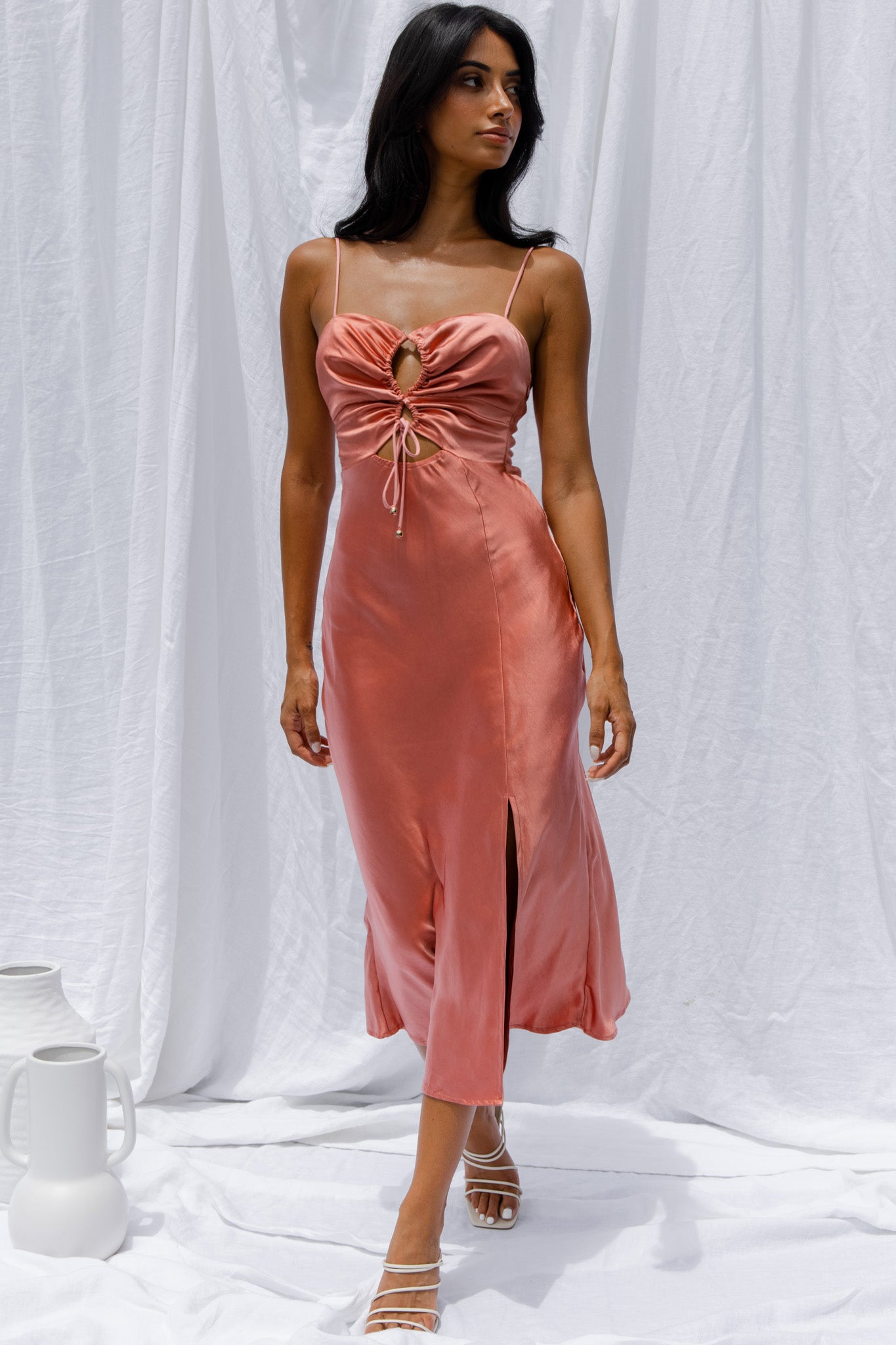 Date Night Drawstring Bust Midi Dress Rose-Fable Dress