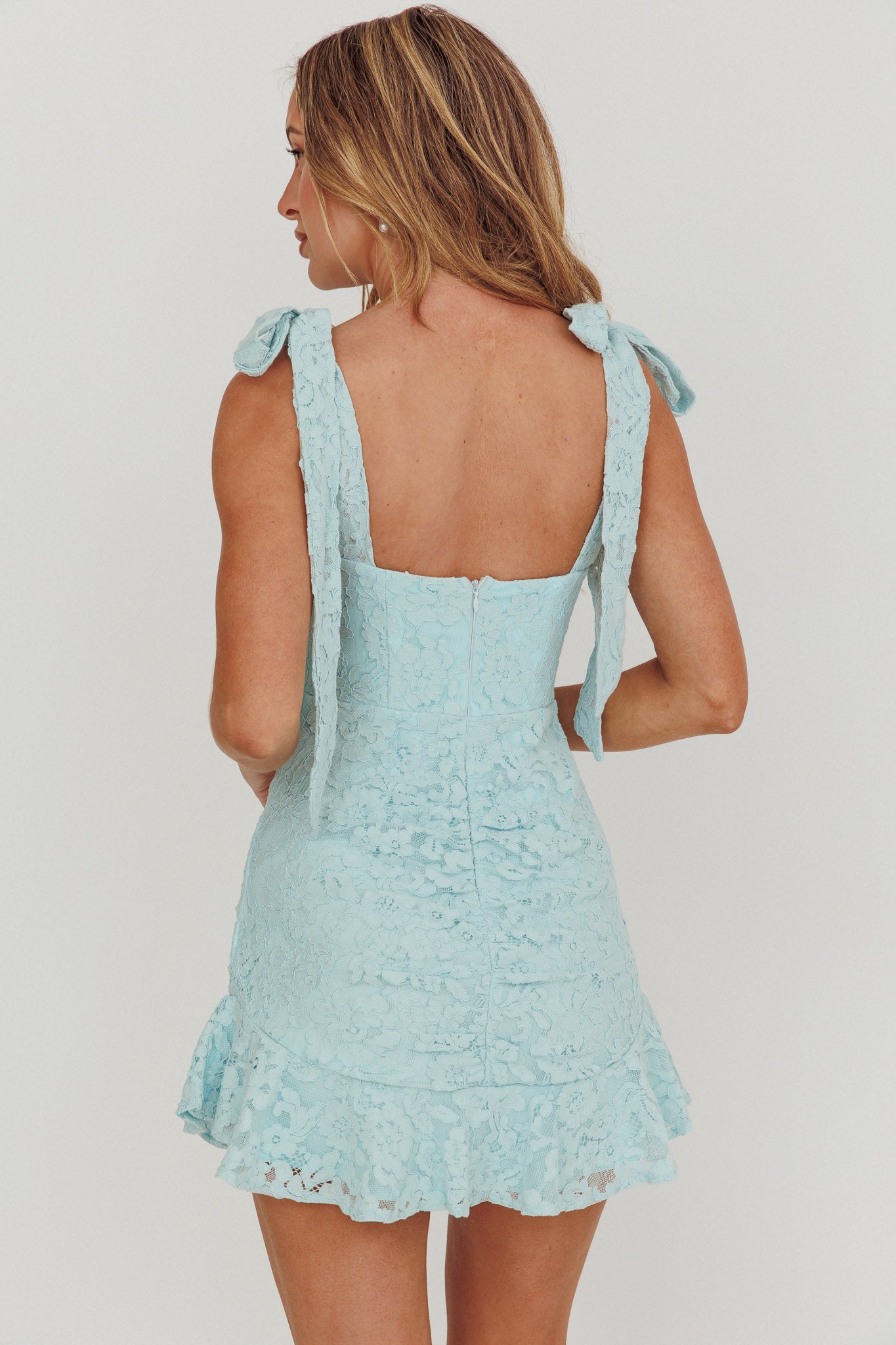 Neriah Tied Shoulder Lace Mini Dress Baby Blue-Fable Dress