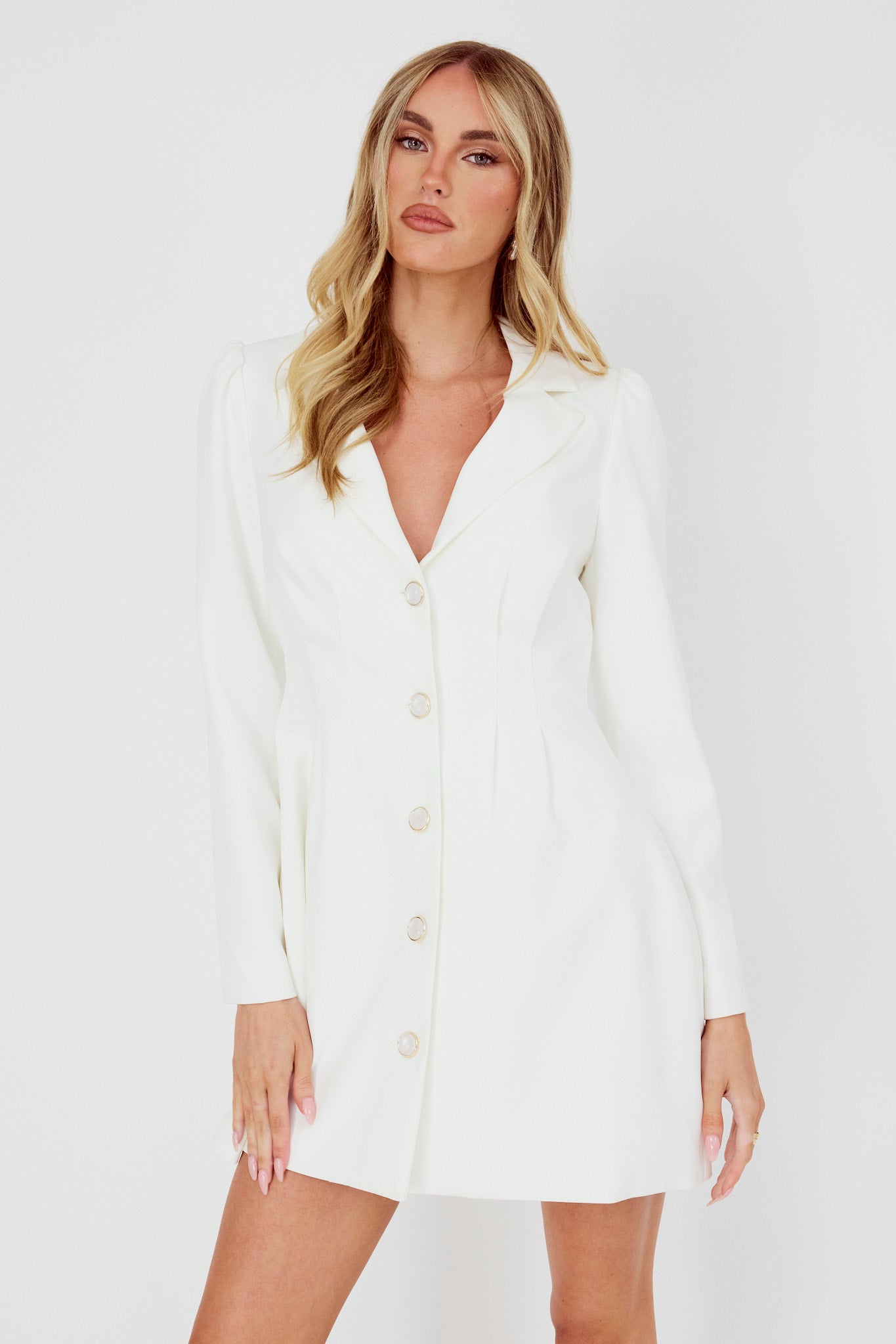 Miracle Button Front Pintuck Mini Dress White-Fable Dress
