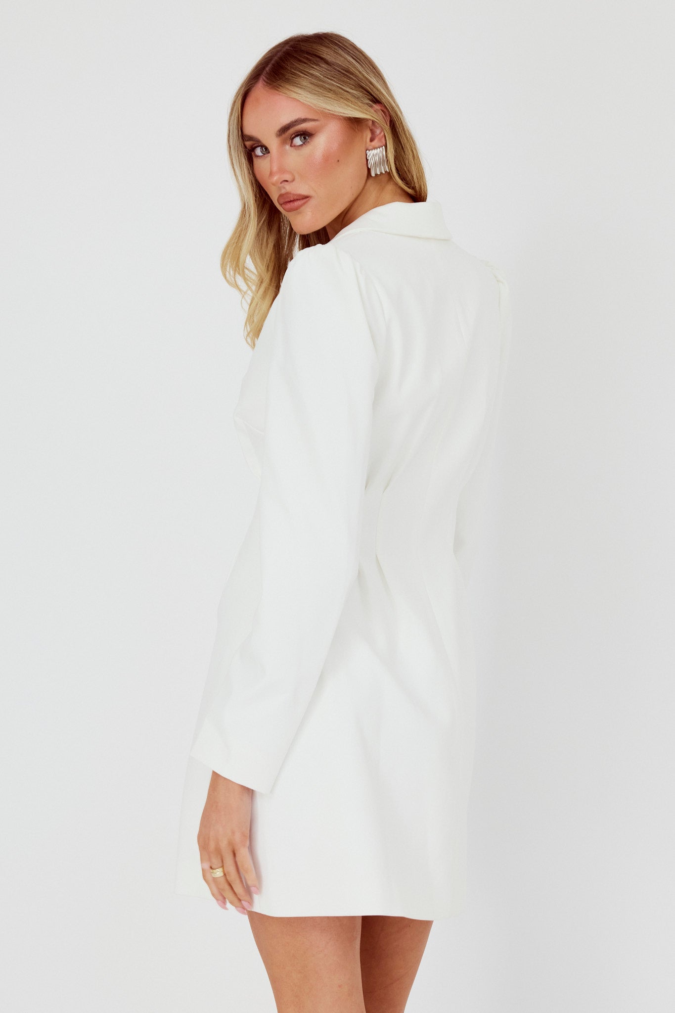 Miracle Button Front Pintuck Mini Dress White-Fable Dress