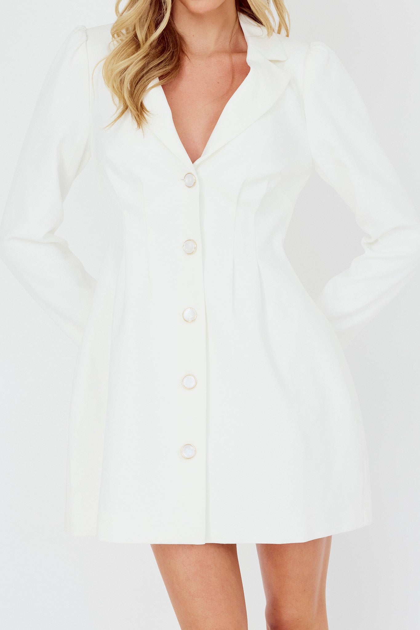 Miracle Button Front Pintuck Mini Dress White-Fable Dress