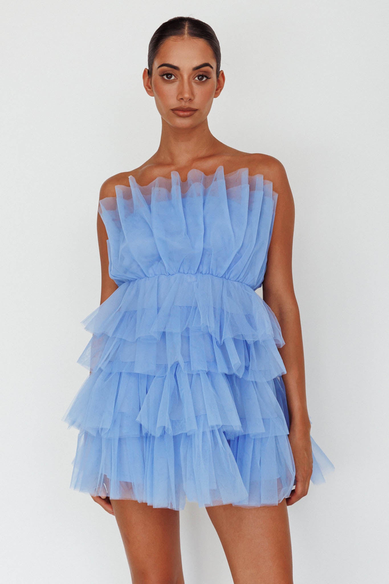 Bon Bon Tiered Mesh Mini Dress Steel Blue-Fable Dress