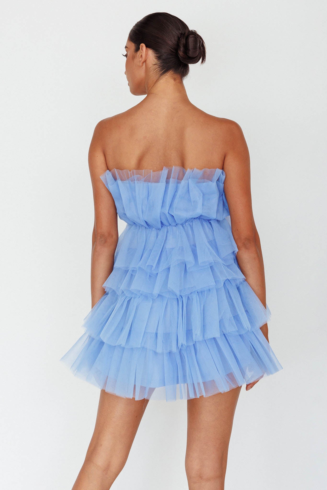 Bon Bon Tiered Mesh Mini Dress Steel Blue-Fable Dress
