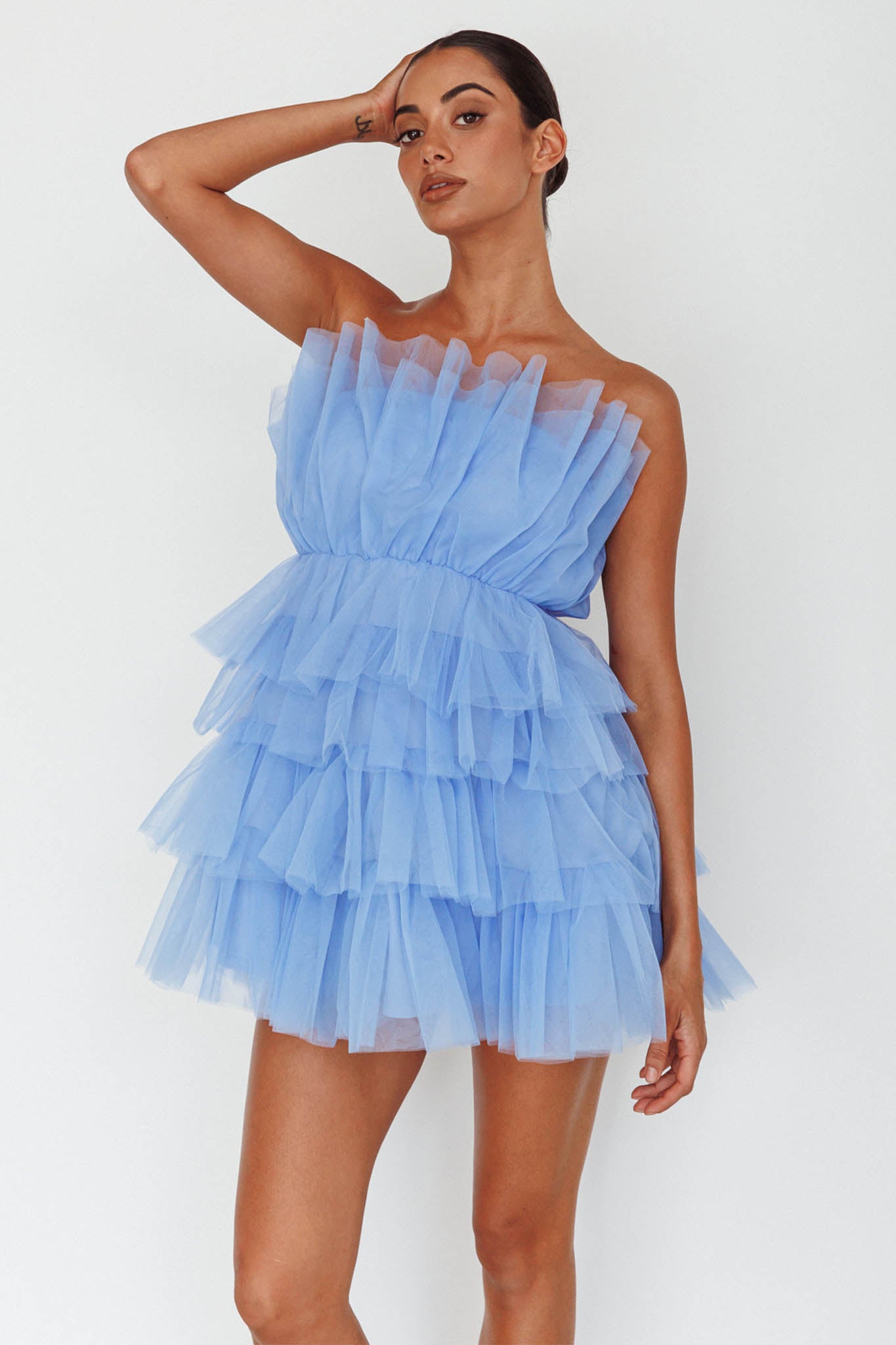 Bon Bon Tiered Mesh Mini Dress Steel Blue-Fable Dress