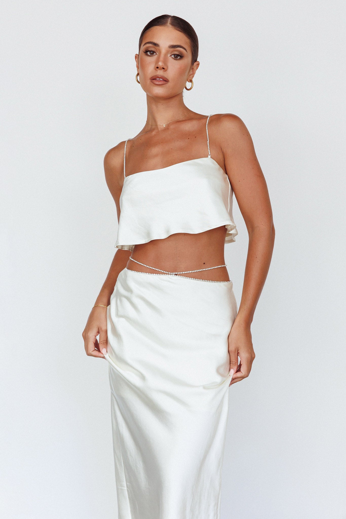 Tahni Diamante Strap Crop Top Oyster-Fable Dress