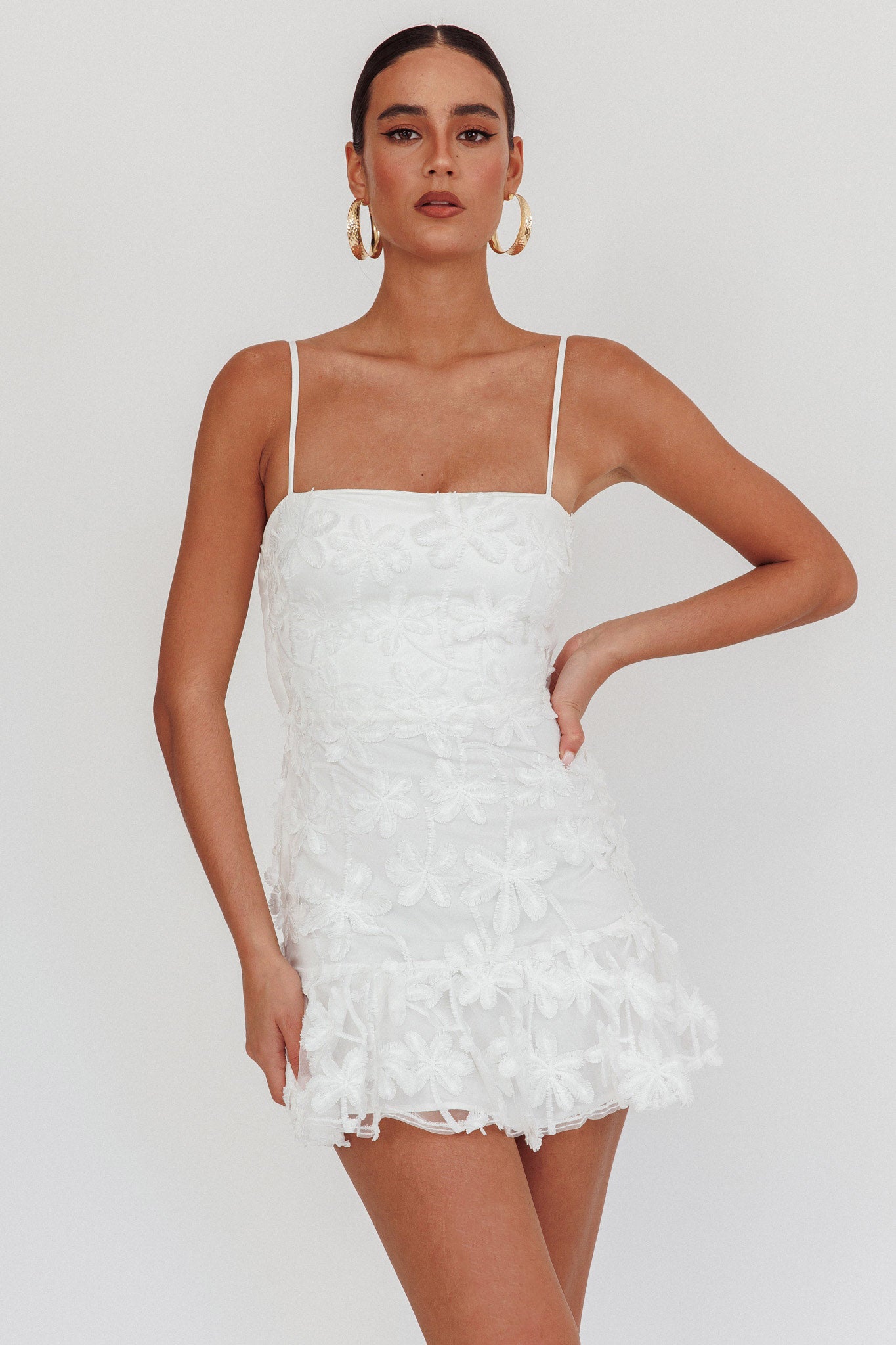 Dori Embellished Mini Dress Palm Tree White-Fable Dress