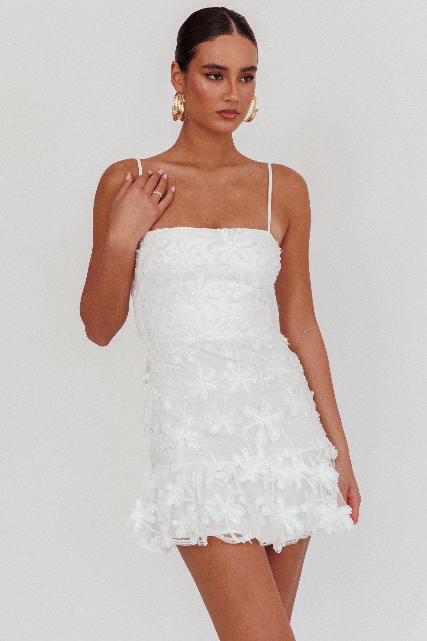 Dori Embellished Mini Dress Palm Tree White-Fable Dress