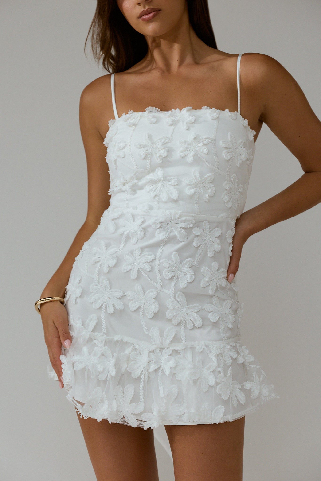 Dori Embellished Mini Dress Palm Tree White-Fable Dress