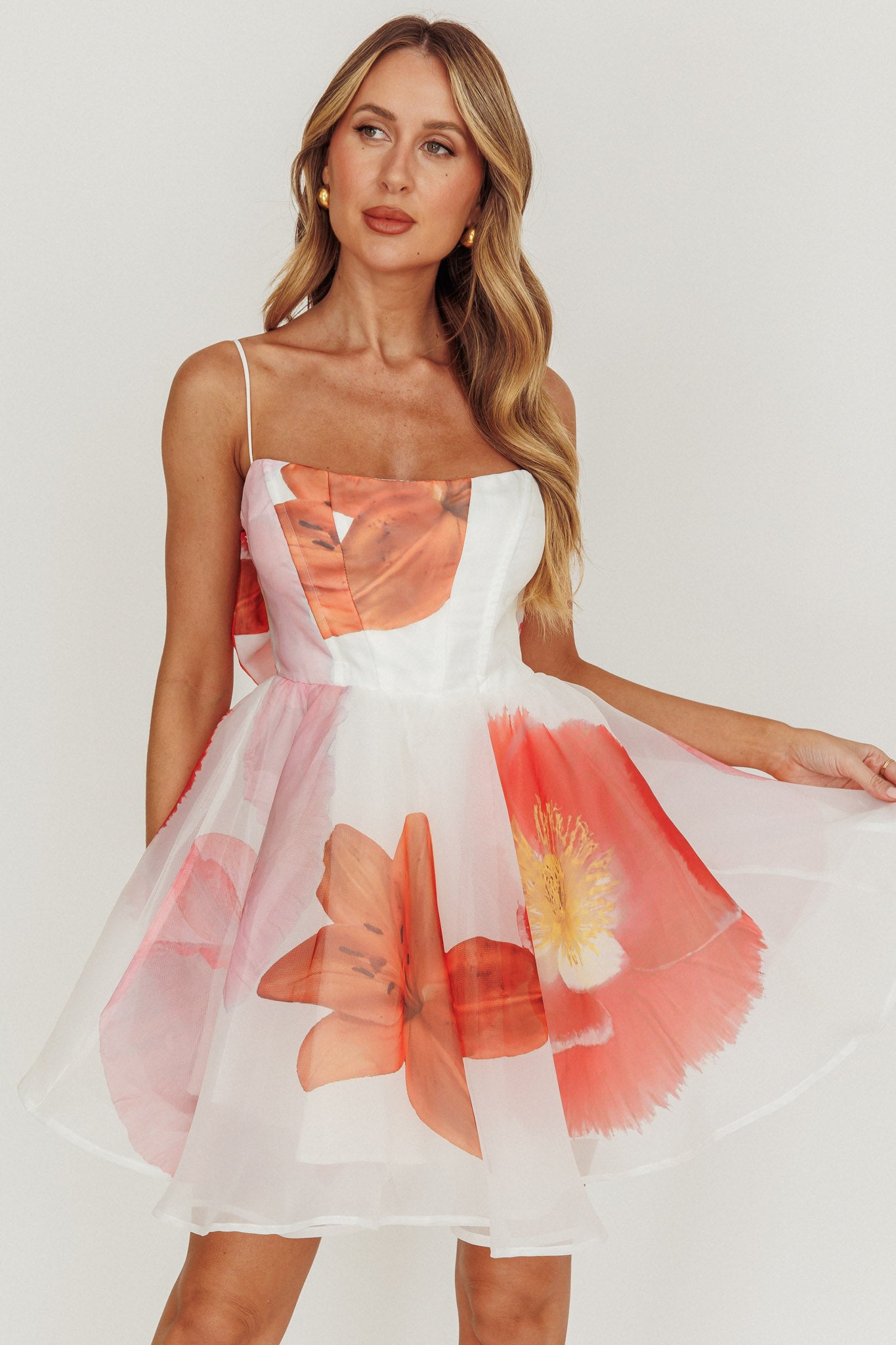 Athens Flared Bow Mini Dress Off White-Fable Dress