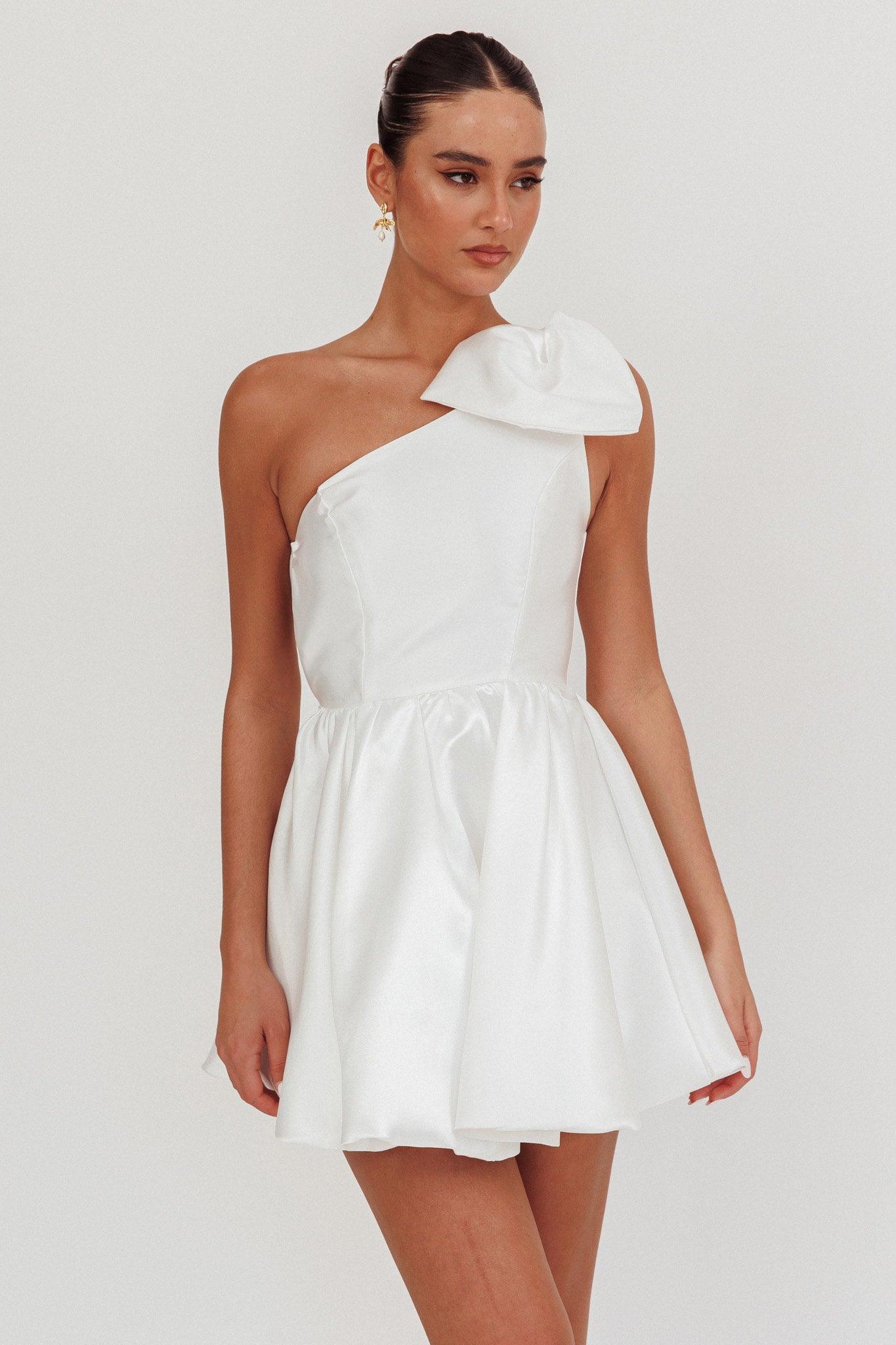 Athens Shoulder Bow Bubble Hem Mini Dress Off White-Fable Dress