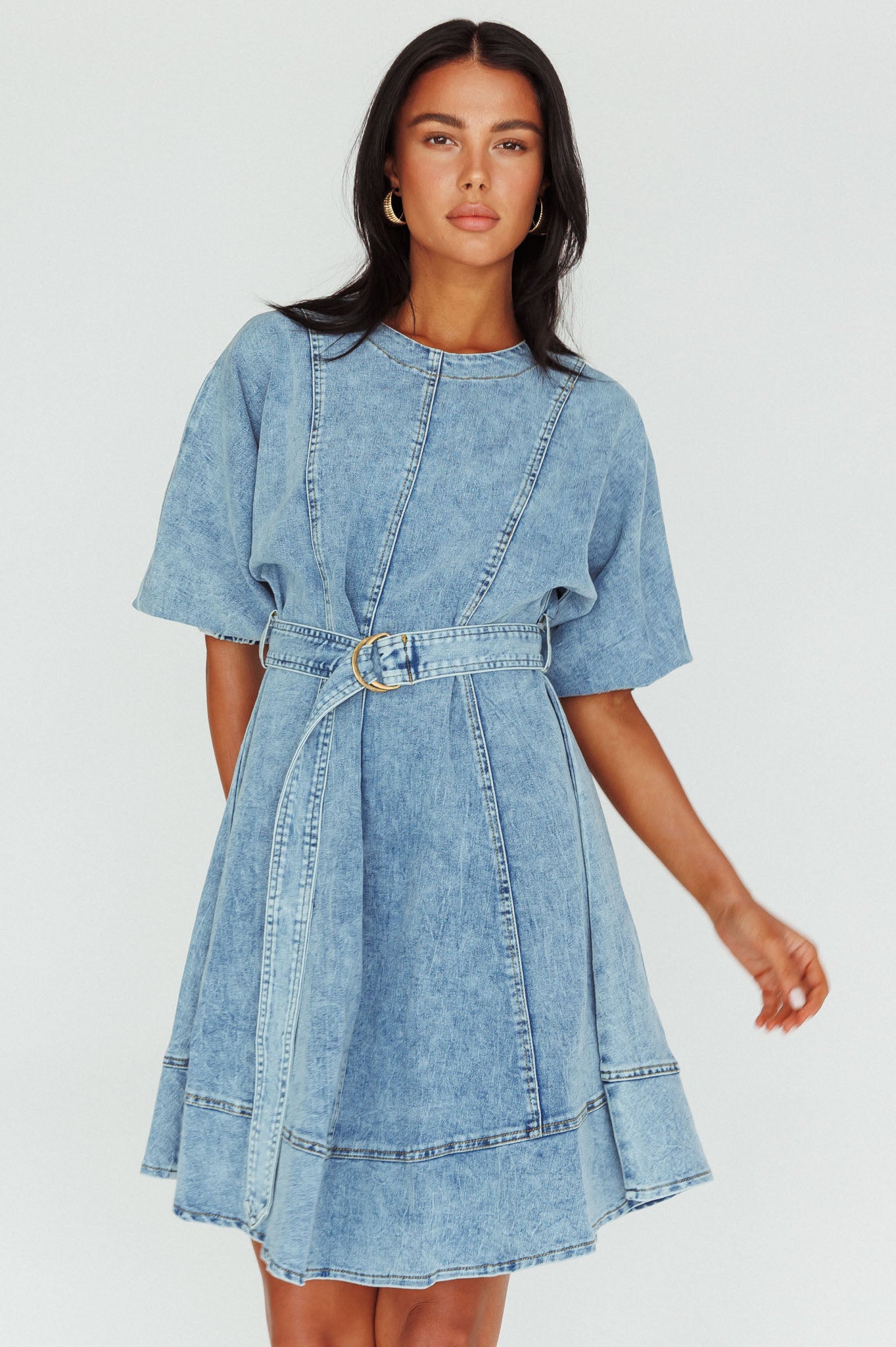 Cadijah Puff Sleeve Belted Mini Dress Denim Blue-Fable Dress