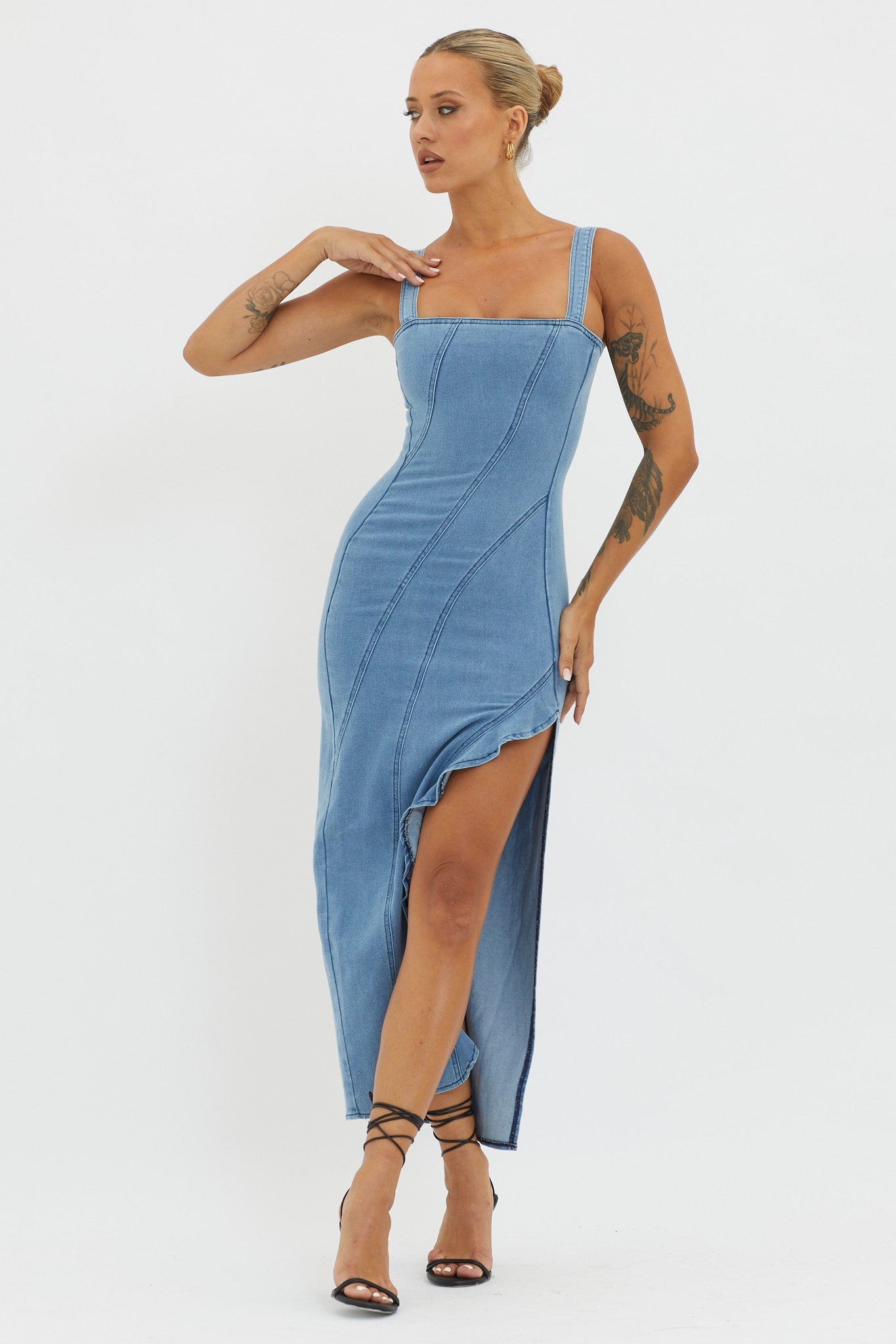 Catriona Ruffle Split Midi Dress Denim-Fable Dress
