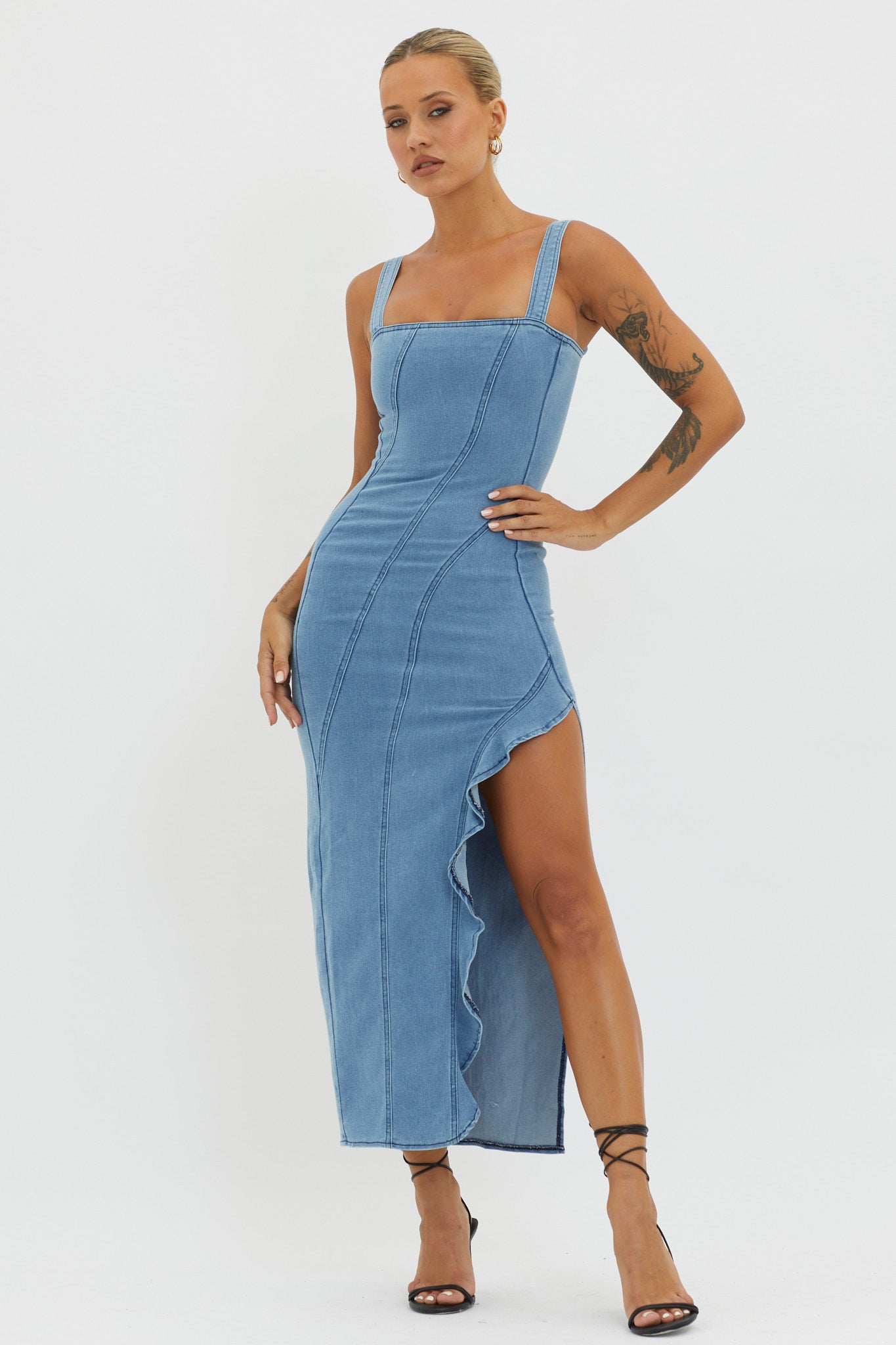 Catriona Ruffle Split Midi Dress Denim-Fable Dress