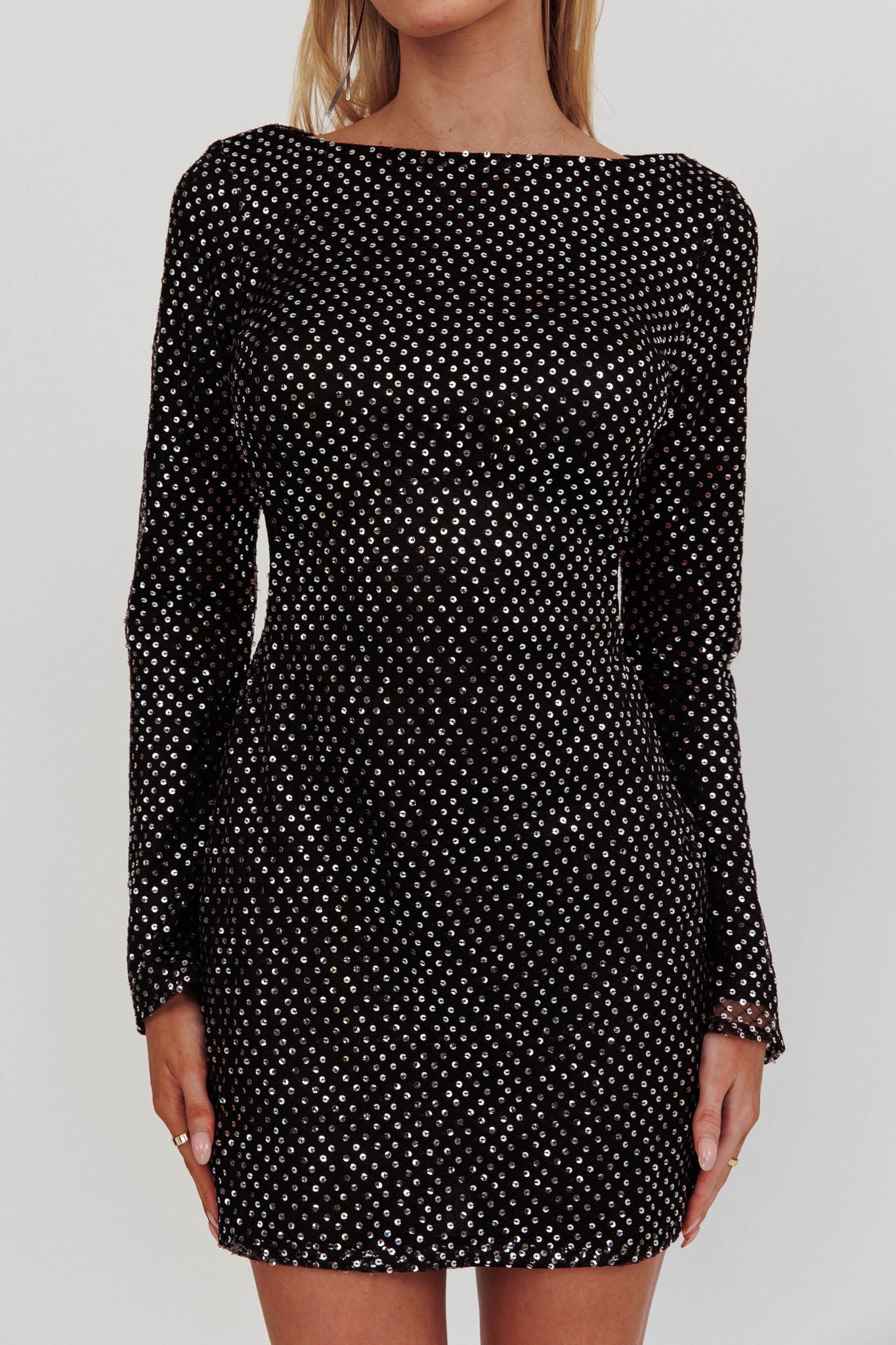 Lakshmi Long Sleeve Open Back Mini Dress Spangle Black-Fable Dress